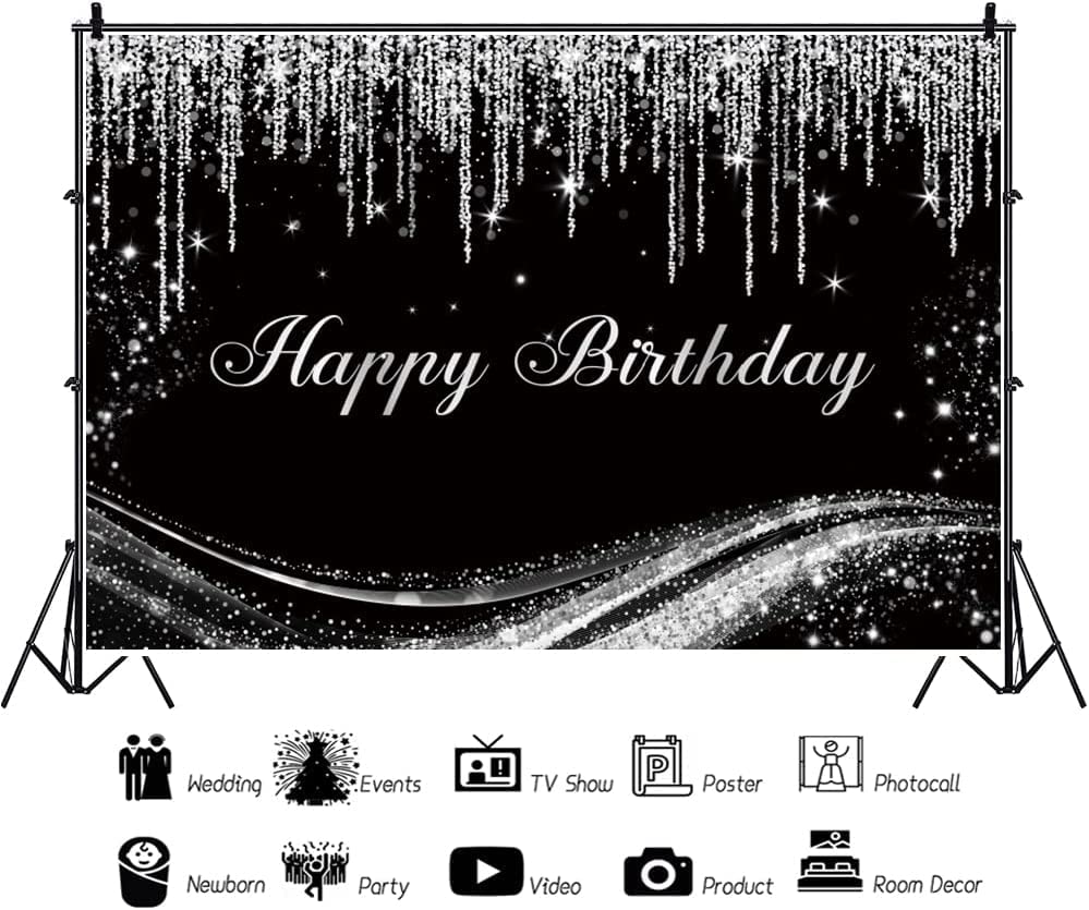 Renaiss 10x7ft Silver Birthday Backdrop for Photoshoot Man Woman Portrait Gray Floating Glitters Luxury Graceful Black Photography Background Happy Birthday Banner Bday Party Decors Photo Booth Props - Image 3