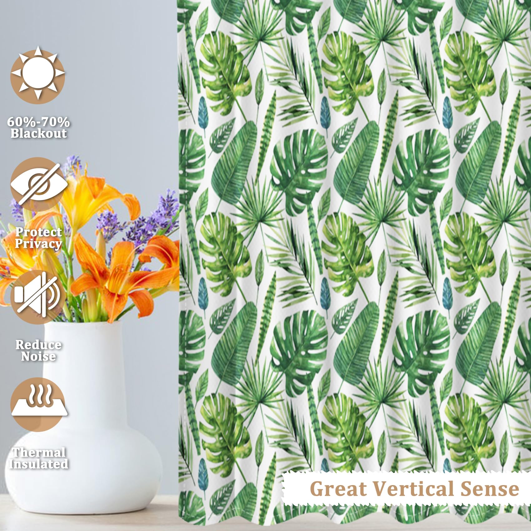 Renaiss 26 x 36 Inch Green Palm Leaf Curtains Kitchen Window Tropical Jungle Leaves Pattern Fresh Rainforest Design Thermal Insulated Small Window Curtains for Bathroom Cafe Window Treatments 2 Panels - Image 5