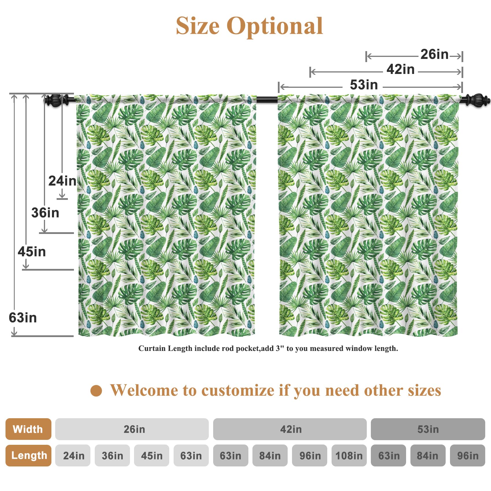 Renaiss 26 x 36 Inch Green Palm Leaf Curtains Kitchen Window Tropical Jungle Leaves Pattern Fresh Rainforest Design Thermal Insulated Small Window Curtains for Bathroom Cafe Window Treatments 2 Panels - Image 6