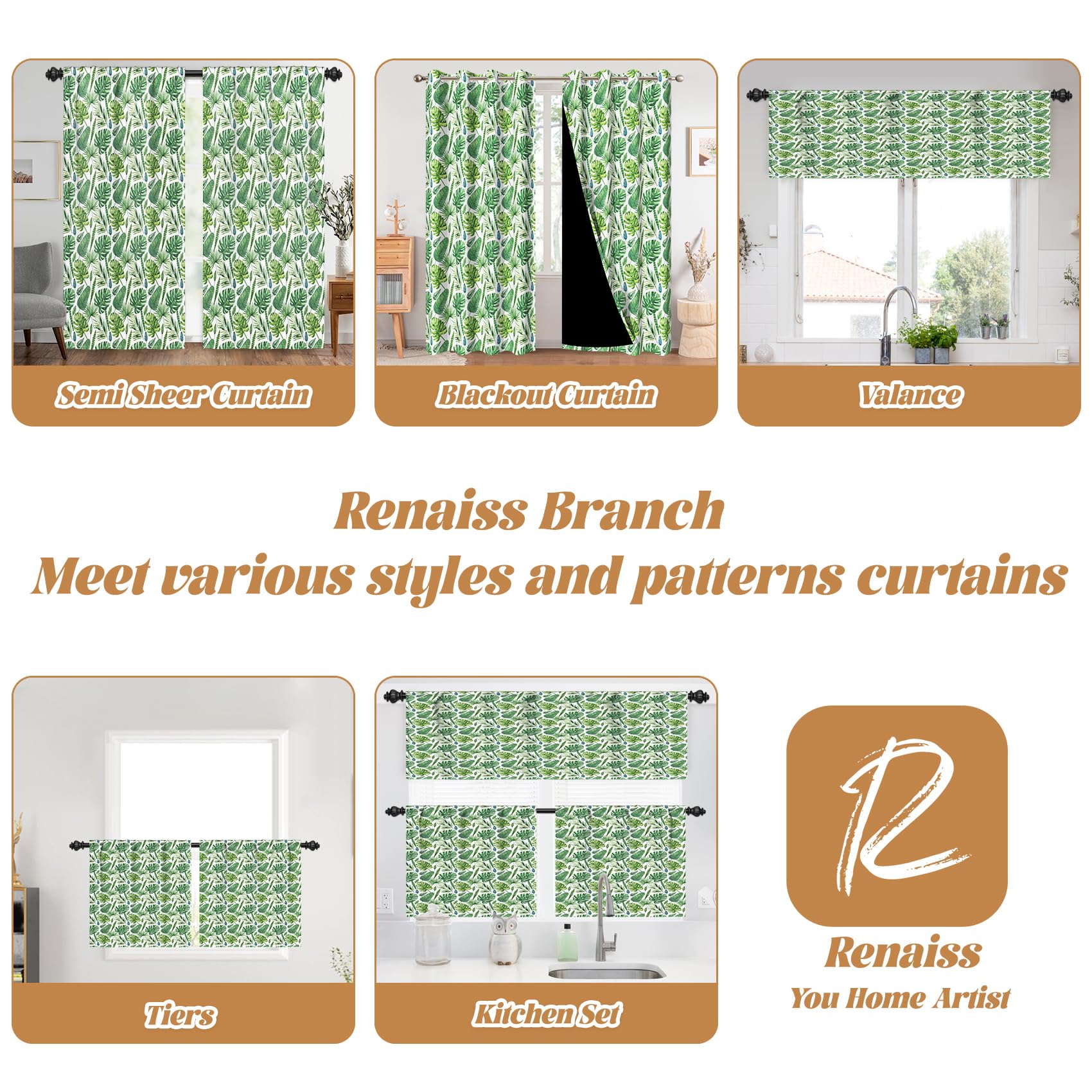 Renaiss 26 x 36 Inch Green Palm Leaf Curtains Kitchen Window Tropical Jungle Leaves Pattern Fresh Rainforest Design Thermal Insulated Small Window Curtains for Bathroom Cafe Window Treatments 2 Panels - Image 7