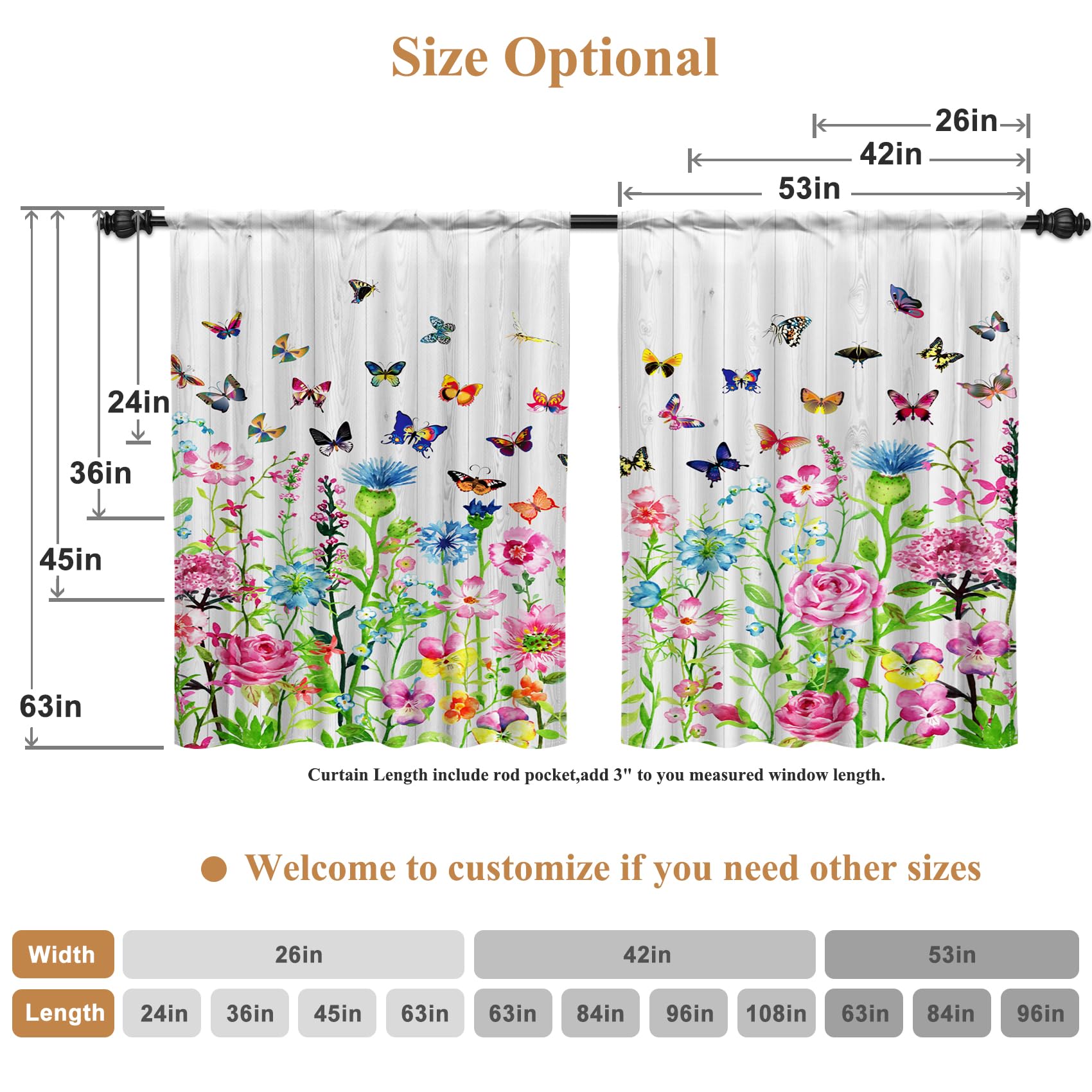 Renaiss 26 x 24 Inch Spring Garden Bathroom Tier Curtains Colorful Flowers Dancing Butterfly Artistic Print Small Kitchen Curtains Grey Board Blossom Floral RV Rod Pocket Window Drapes Linen 2 Panels - Image 6
