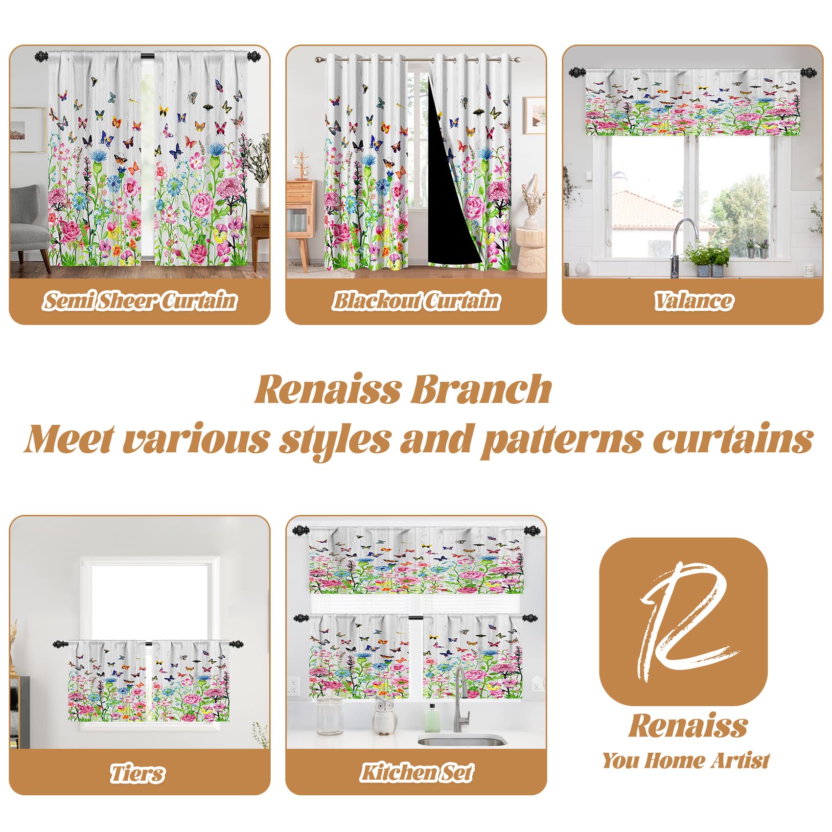 Renaiss 26 x 24 Inch Spring Garden Bathroom Tier Curtains Colorful Flowers Dancing Butterfly Artistic Print Small Kitchen Curtains Grey Board Blossom Floral RV Rod Pocket Window Drapes Linen 2 Panels - Image 7