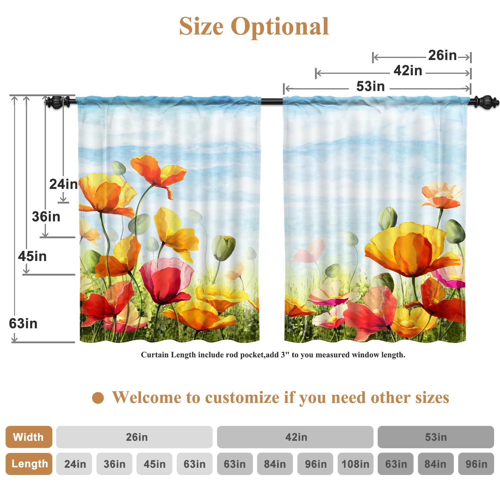 Renaiss 26 x 24 Inch Colorful Tulip Floral Small Kitchen Curtains Watercolor Garden Flower Spring Bathroom Half Window Treatment Drapes Plant Blue Sky RV Camper Darking Privacy Curtain Linen 2 Panels - Image 6
