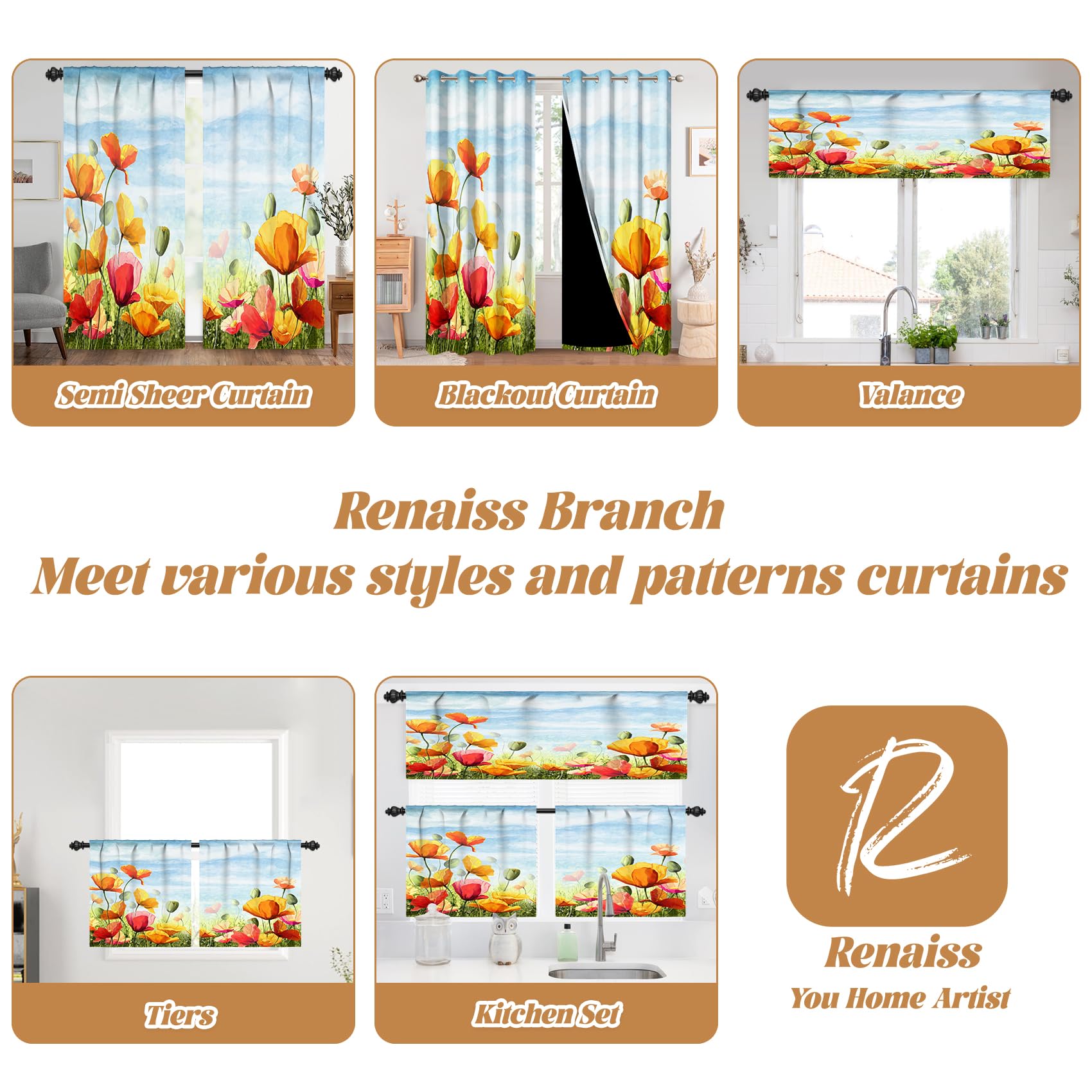 Renaiss 26 x 24 Inch Colorful Tulip Floral Small Kitchen Curtains Watercolor Garden Flower Spring Bathroom Half Window Treatment Drapes Plant Blue Sky RV Camper Darking Privacy Curtain Linen 2 Panels - Image 7