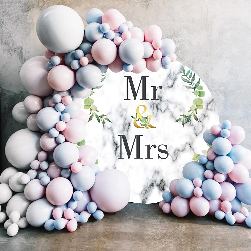 Renaiss 3x3ft Mr & Mrs Round Backdrop Covers Green Foliage White Marble Circle Photography Background Bride Groom Portrait Wedding Engagement Bridal Shower Bachelor Party Decors Photo Booth Props - Image 3