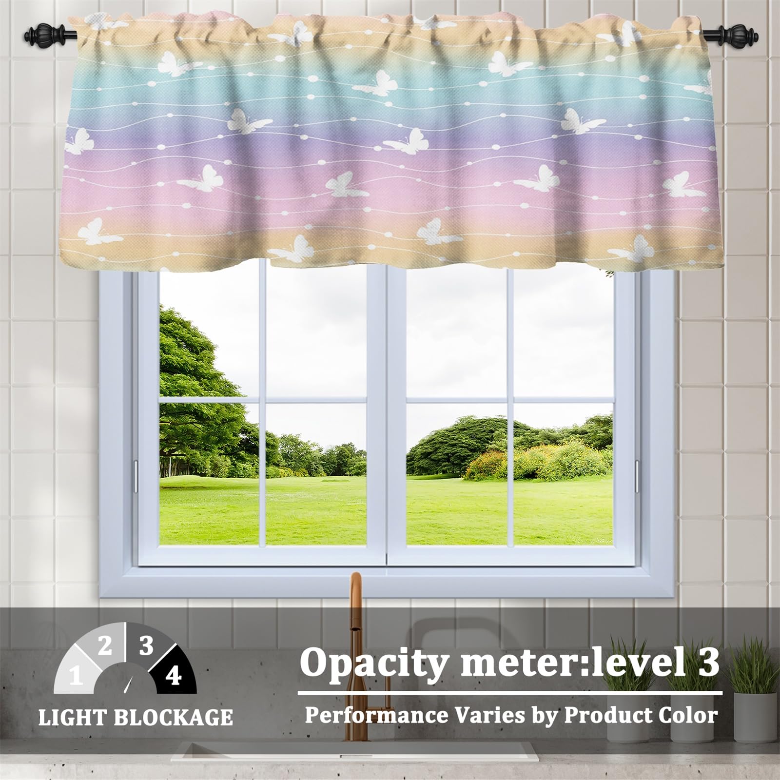 Renaiss 42 x 12 Inch Butterfly Window Curtain Valance for Girl Room Breathable Linen Colorful Rainbow Stripes Rod Pocket Window Treatment Valance Curtains for Kitchen Bathroom Bedroom Cafe Living Room - Image 3