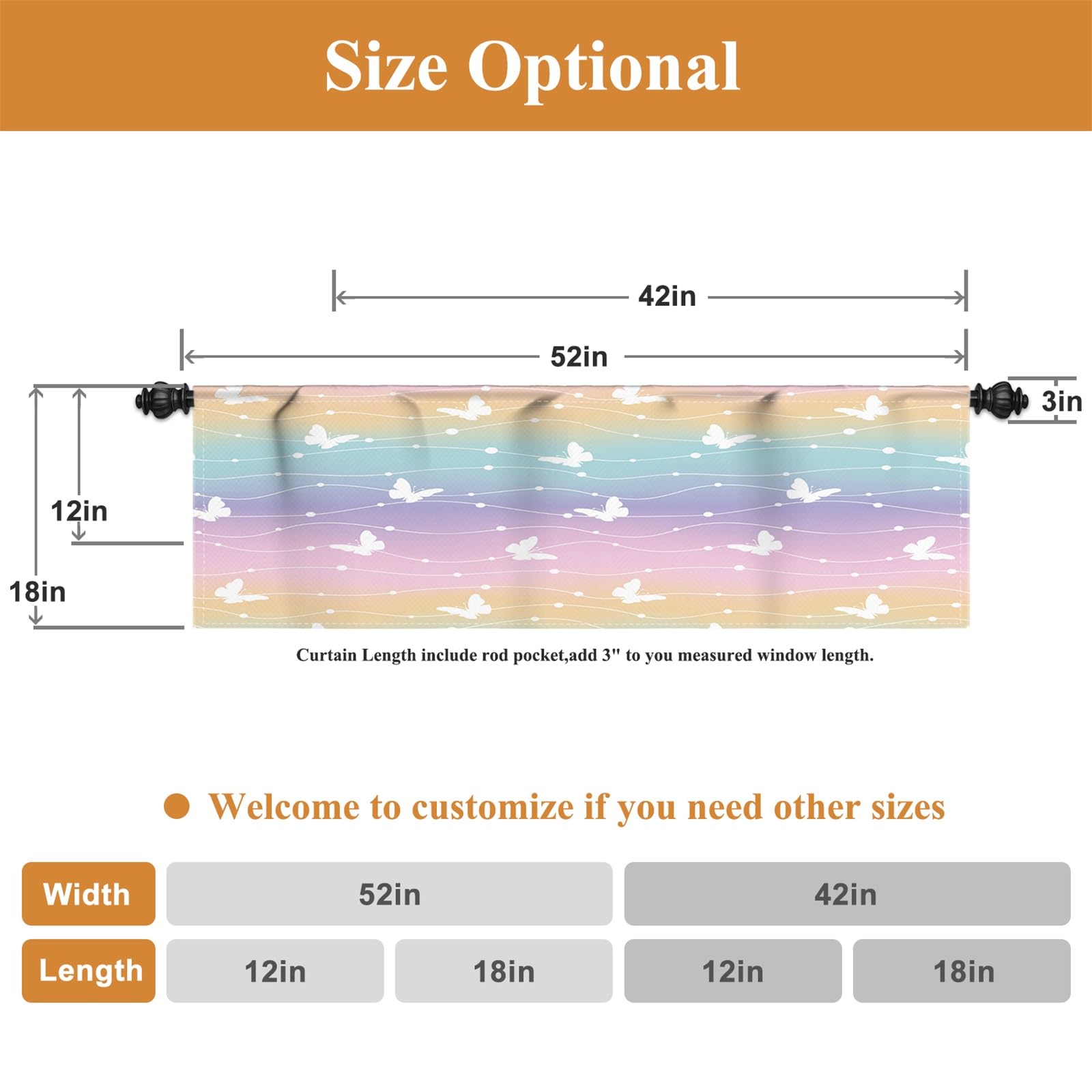 Renaiss 42 x 12 Inch Butterfly Window Curtain Valance for Girl Room Breathable Linen Colorful Rainbow Stripes Rod Pocket Window Treatment Valance Curtains for Kitchen Bathroom Bedroom Cafe Living Room - Image 6