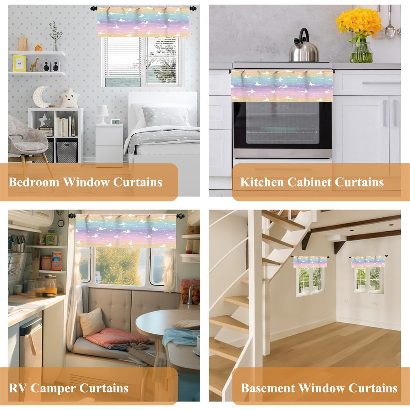 Renaiss 42 x 12 Inch Butterfly Window Curtain Valance for Girl Room Breathable Linen Colorful Rainbow Stripes Rod Pocket Window Treatment Valance Curtains for Kitchen Bathroom Bedroom Cafe Living Room - Image 7