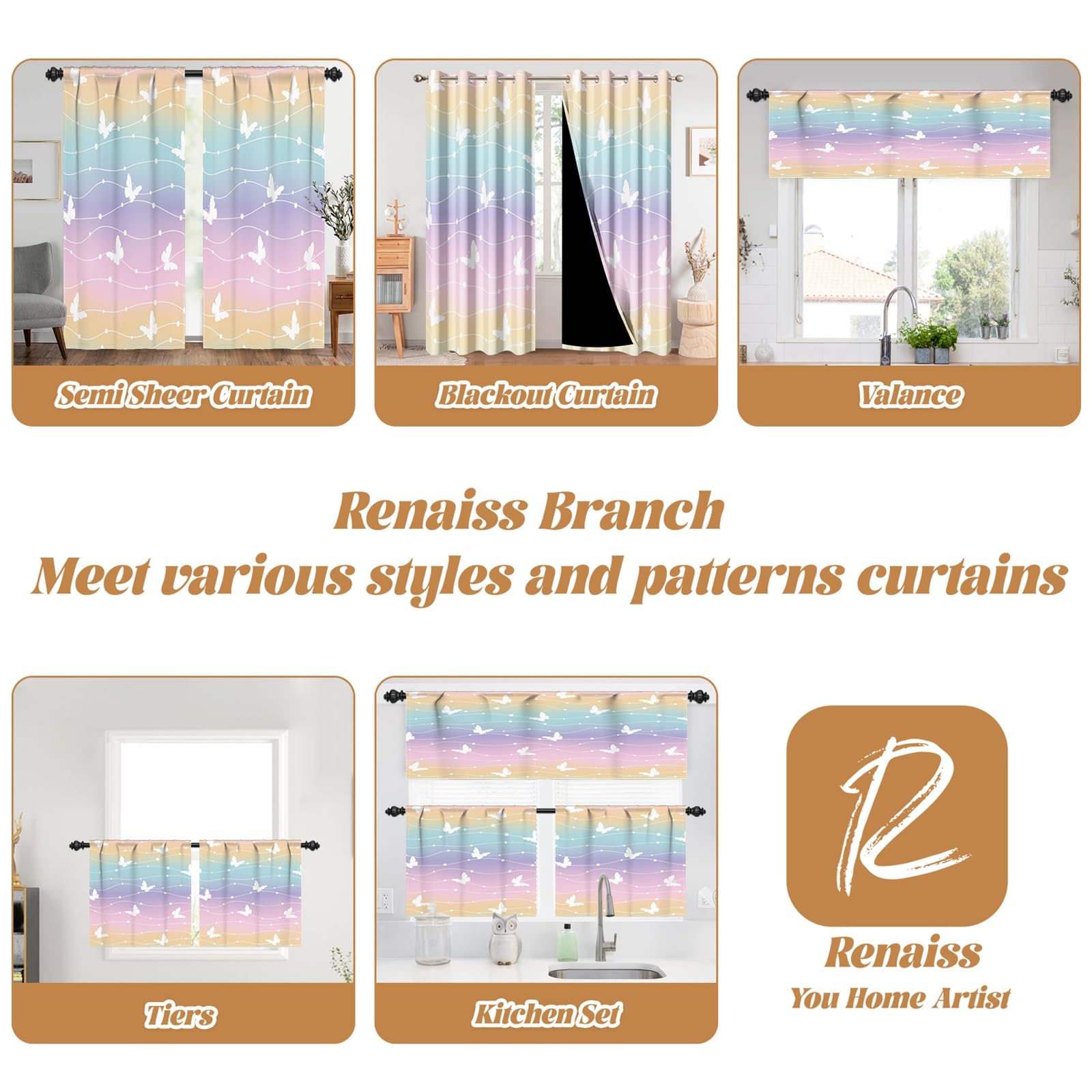 Renaiss 42 x 12 Inch Butterfly Window Curtain Valance for Girl Room Breathable Linen Colorful Rainbow Stripes Rod Pocket Window Treatment Valance Curtains for Kitchen Bathroom Bedroom Cafe Living Room - Image 8