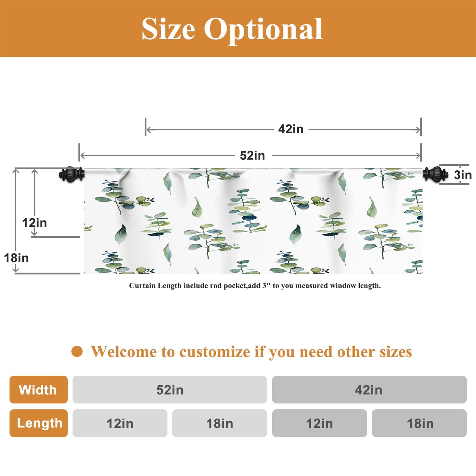 Renaiss 42 x 12 Inch Eucalyptus Window Valance for Kitchen Rod Pocket Window Valance Curtains Thermal Insulated Watercolor Leaves Pattern Linen Texture Window Treatments for Bathroom RV Dining Room - Image 6