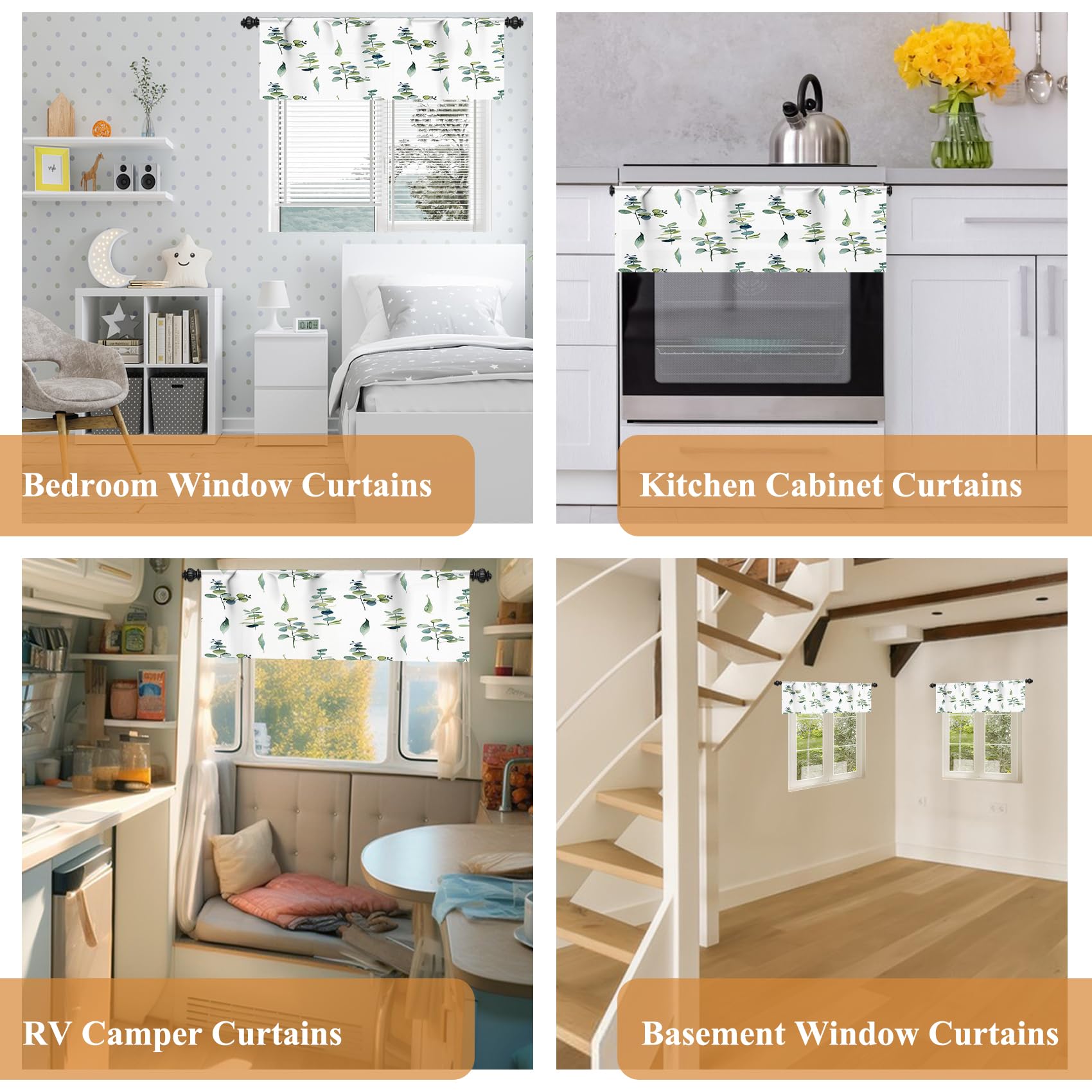 Renaiss 42 x 12 Inch Eucalyptus Window Valance for Kitchen Rod Pocket Window Valance Curtains Thermal Insulated Watercolor Leaves Pattern Linen Texture Window Treatments for Bathroom RV Dining Room - Image 7