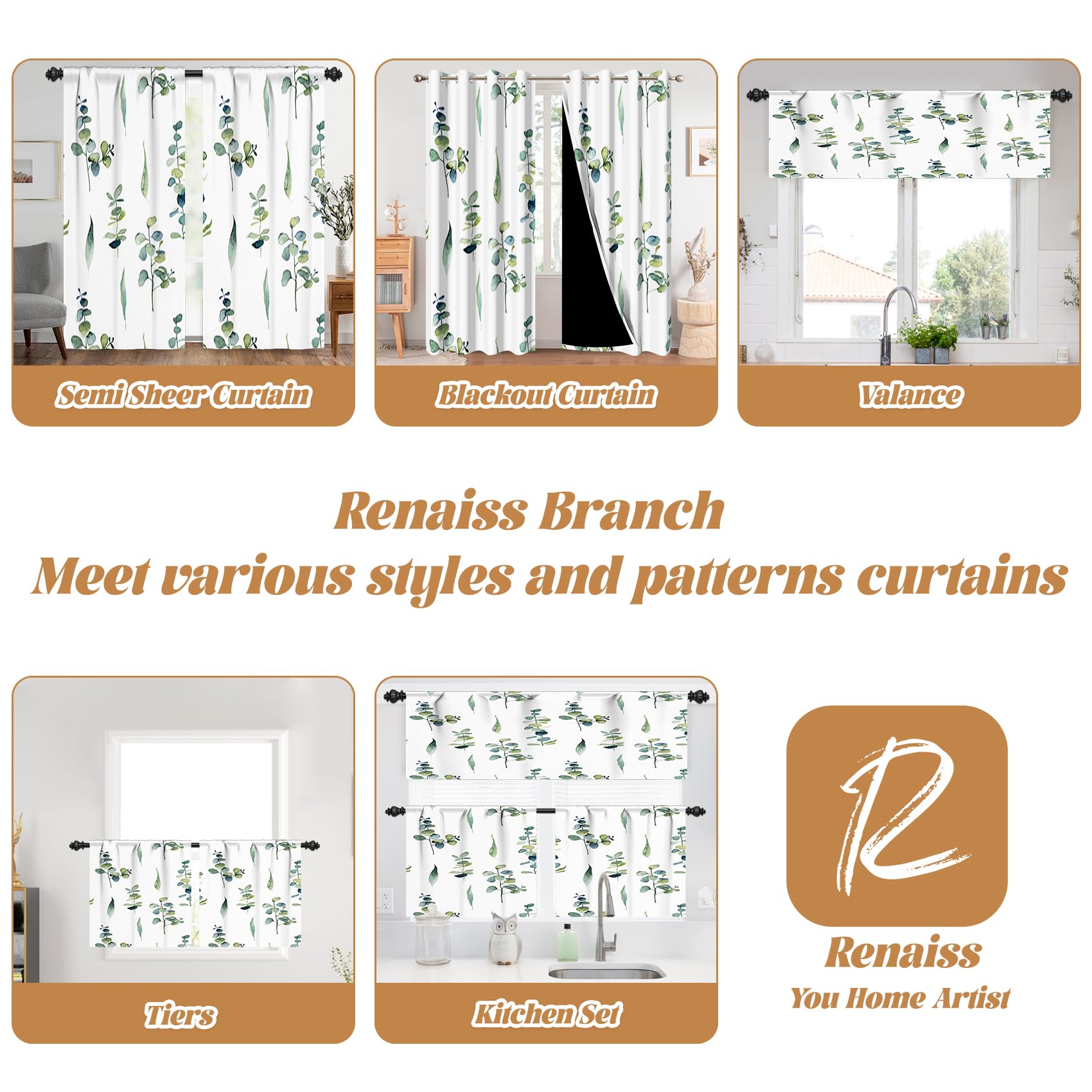 Renaiss 42 x 12 Inch Eucalyptus Window Valance for Kitchen Rod Pocket Window Valance Curtains Thermal Insulated Watercolor Leaves Pattern Linen Texture Window Treatments for Bathroom RV Dining Room - Image 8
