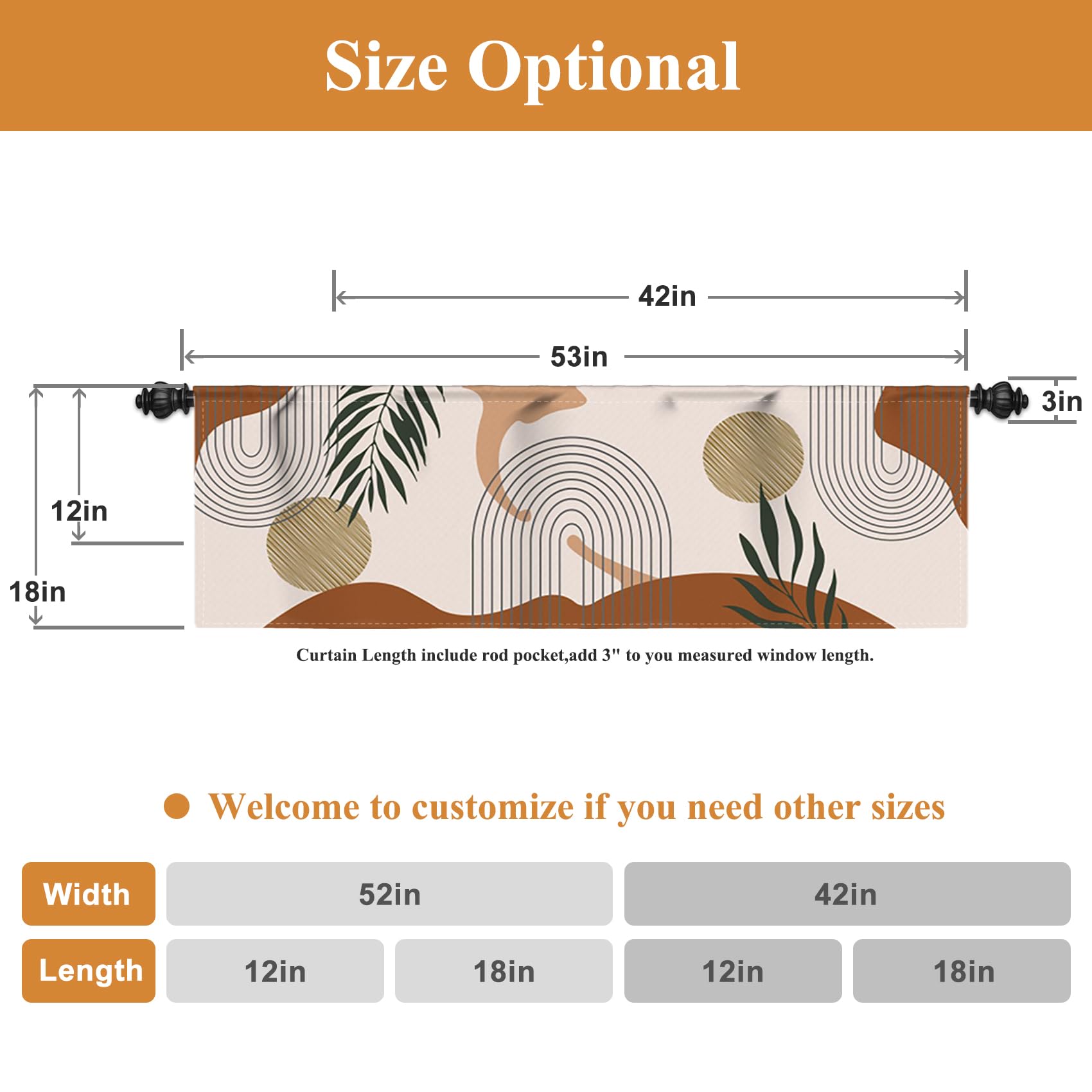 Renaiss 42 x 18 Inch Mid Century Bohemian Kitchen Valance Curtains Minimalist Geometric Palm Leaf Sun Abstract Art Rod Pocket Short Cafe Curtain Brown Vintage Small Drapes for Bathroom Decor - Image 6