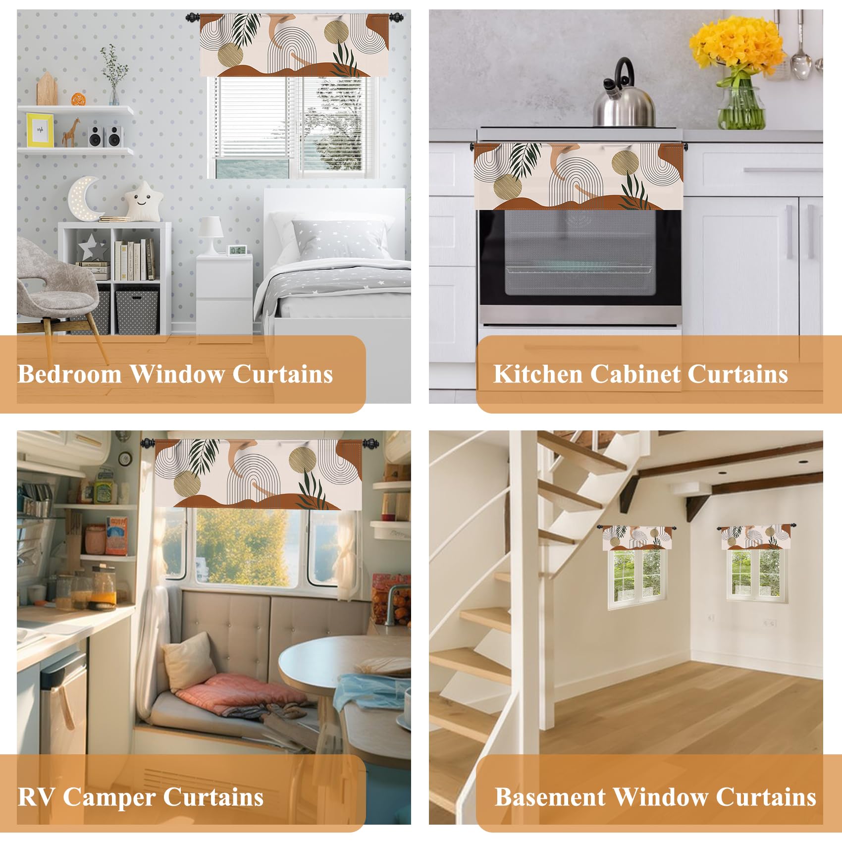 Renaiss 42 x 18 Inch Mid Century Bohemian Kitchen Valance Curtains Minimalist Geometric Palm Leaf Sun Abstract Art Rod Pocket Short Cafe Curtain Brown Vintage Small Drapes for Bathroom Decor - Image 7