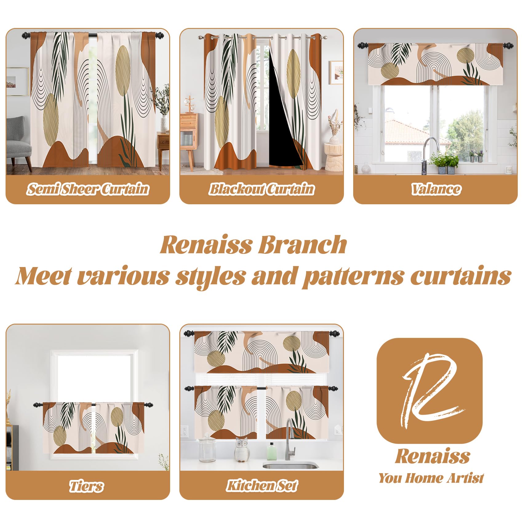Renaiss 42 x 18 Inch Mid Century Bohemian Kitchen Valance Curtains Minimalist Geometric Palm Leaf Sun Abstract Art Rod Pocket Short Cafe Curtain Brown Vintage Small Drapes for Bathroom Decor - Image 8