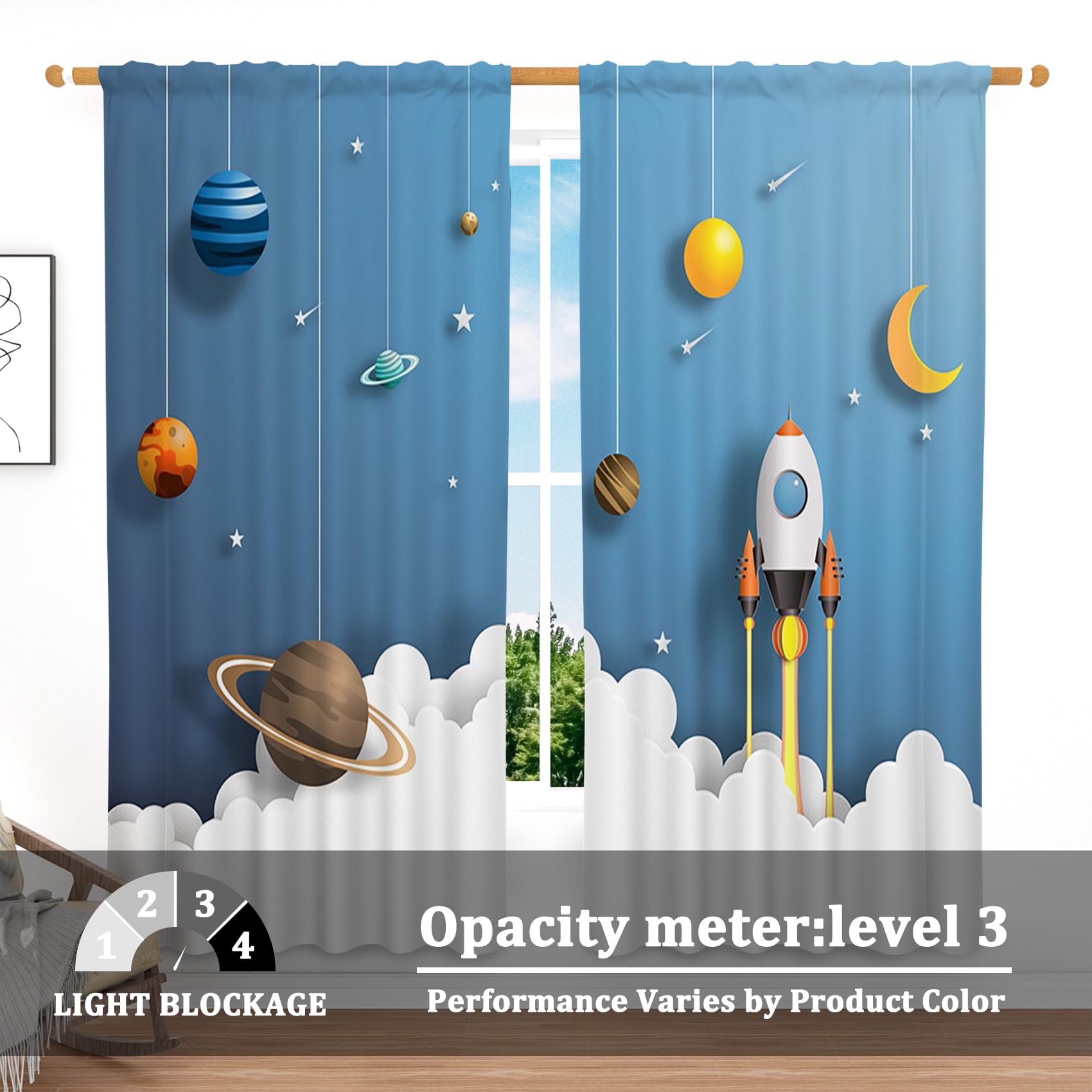 Renaiss 42 x 63 Inch Cartoon Space Rocket Curtains for Boys Room Universe Galaxy Planet Kids Space Theme Curtain Decor Light Filtering Window Treatments Drapes for Nursery Teen Child Bedroom 2 Panels - Image 3