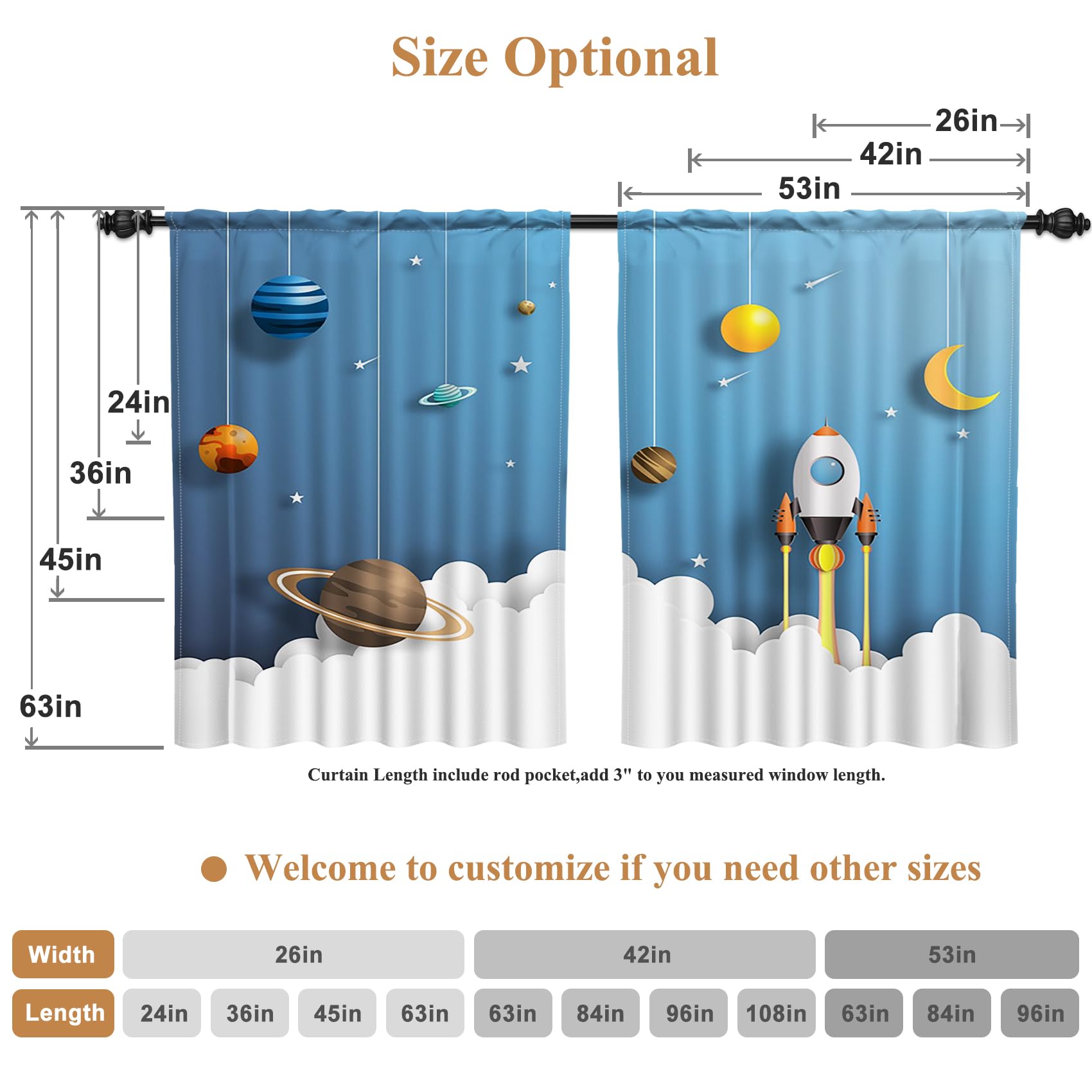 Renaiss 42 x 63 Inch Cartoon Space Rocket Curtains for Boys Room Universe Galaxy Planet Kids Space Theme Curtain Decor Light Filtering Window Treatments Drapes for Nursery Teen Child Bedroom 2 Panels - Image 6
