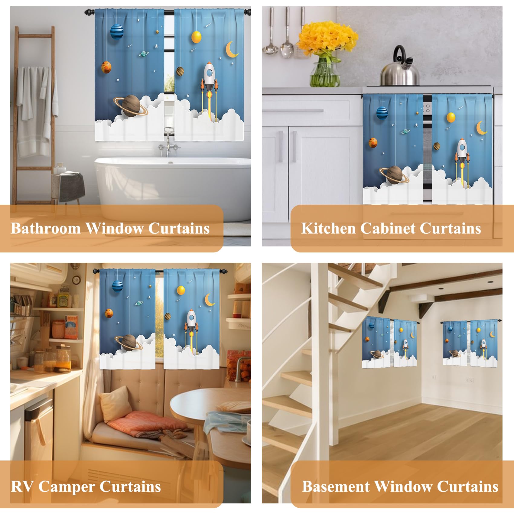 Renaiss 42 x 63 Inch Cartoon Space Rocket Curtains for Boys Room Universe Galaxy Planet Kids Space Theme Curtain Decor Light Filtering Window Treatments Drapes for Nursery Teen Child Bedroom 2 Panels - Image 7