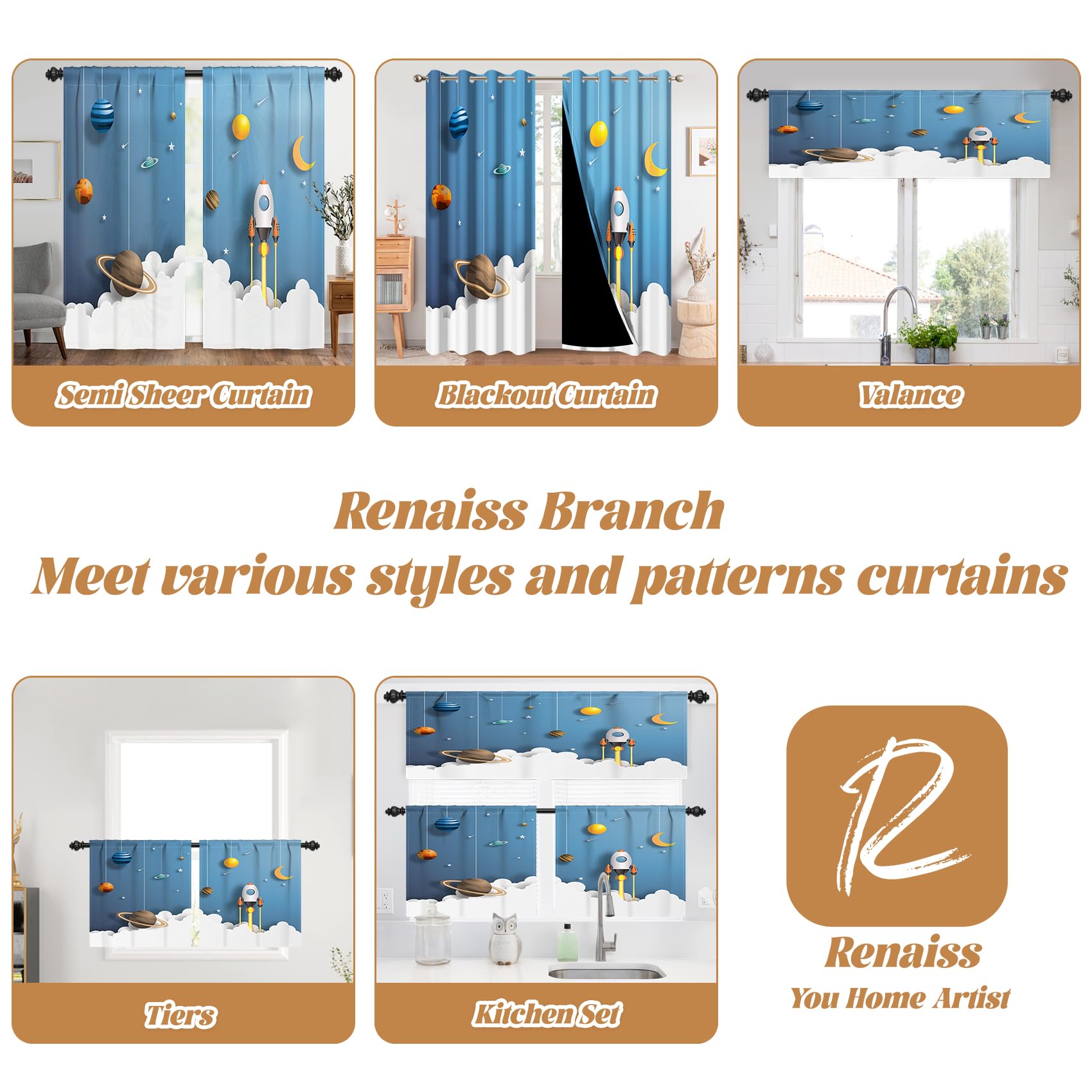 Renaiss 42 x 63 Inch Cartoon Space Rocket Curtains for Boys Room Universe Galaxy Planet Kids Space Theme Curtain Decor Light Filtering Window Treatments Drapes for Nursery Teen Child Bedroom 2 Panels - Image 8