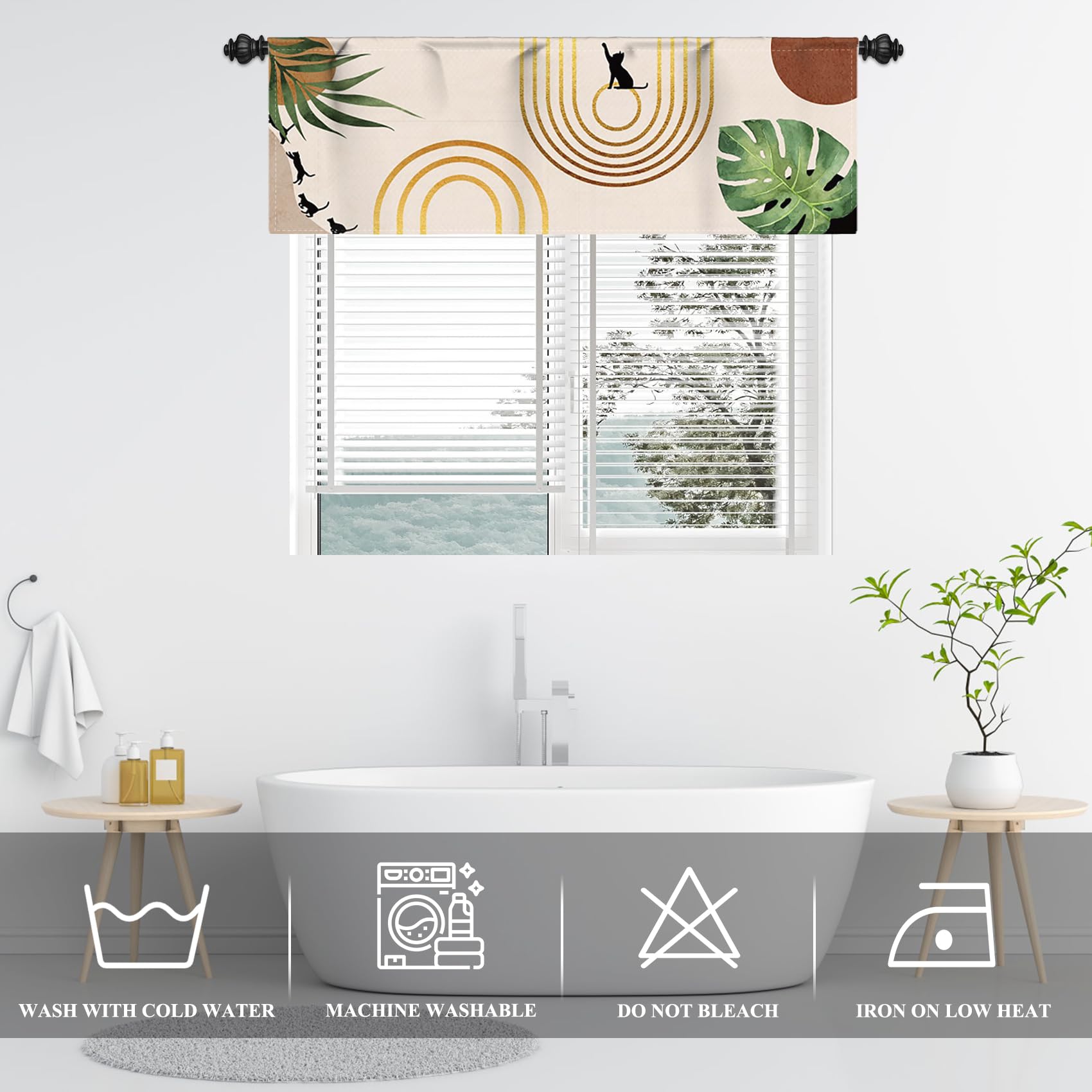 Renaiss 42x18 Inch Mid Century Bohemian Kitchen Curtains Abstract Window Treatment Valances Palm Leaves Black Cat Rod Pocket Short Curtains Modern Minimalist Small Curtains for Bathroom Decor - Image 3