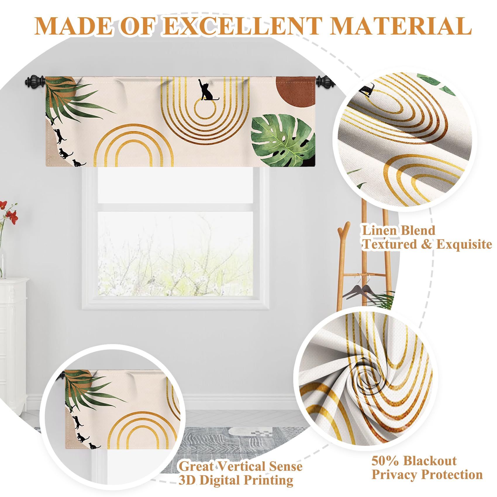 Renaiss 42x18 Inch Mid Century Bohemian Kitchen Curtains Abstract Window Treatment Valances Palm Leaves Black Cat Rod Pocket Short Curtains Modern Minimalist Small Curtains for Bathroom Decor - Image 4