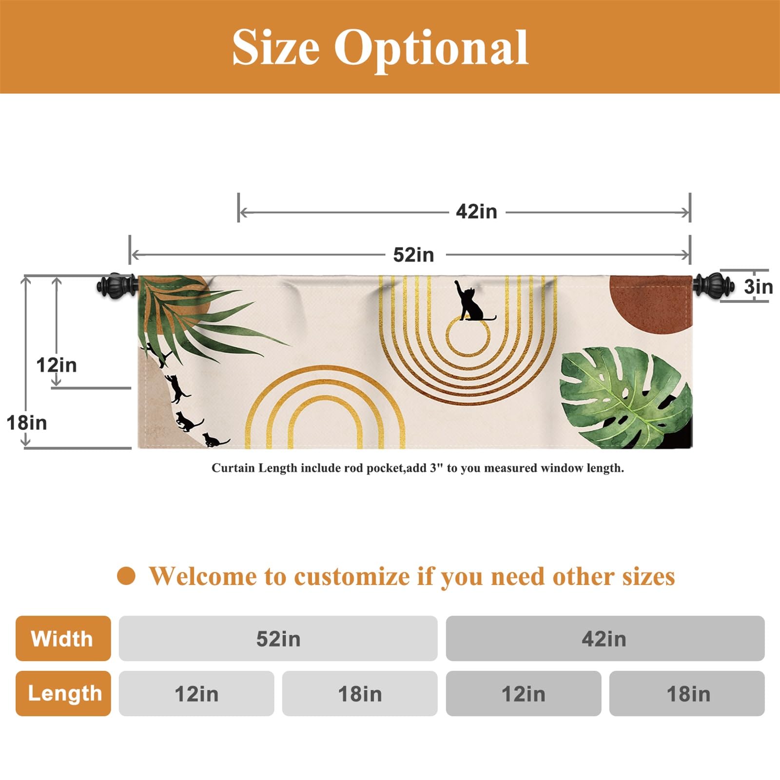Renaiss 42x18 Inch Mid Century Bohemian Kitchen Curtains Abstract Window Treatment Valances Palm Leaves Black Cat Rod Pocket Short Curtains Modern Minimalist Small Curtains for Bathroom Decor - Image 6