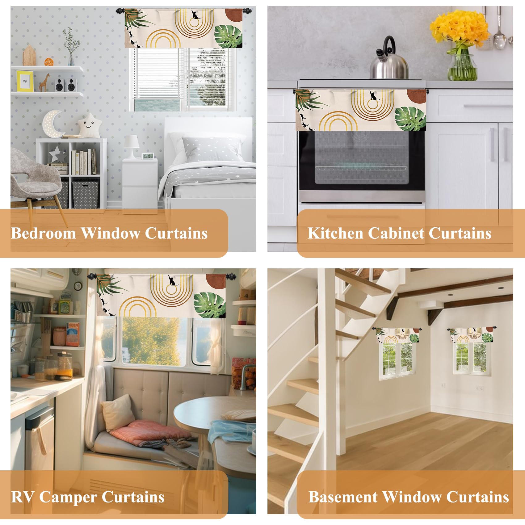 Renaiss 42x18 Inch Mid Century Bohemian Kitchen Curtains Abstract Window Treatment Valances Palm Leaves Black Cat Rod Pocket Short Curtains Modern Minimalist Small Curtains for Bathroom Decor - Image 7