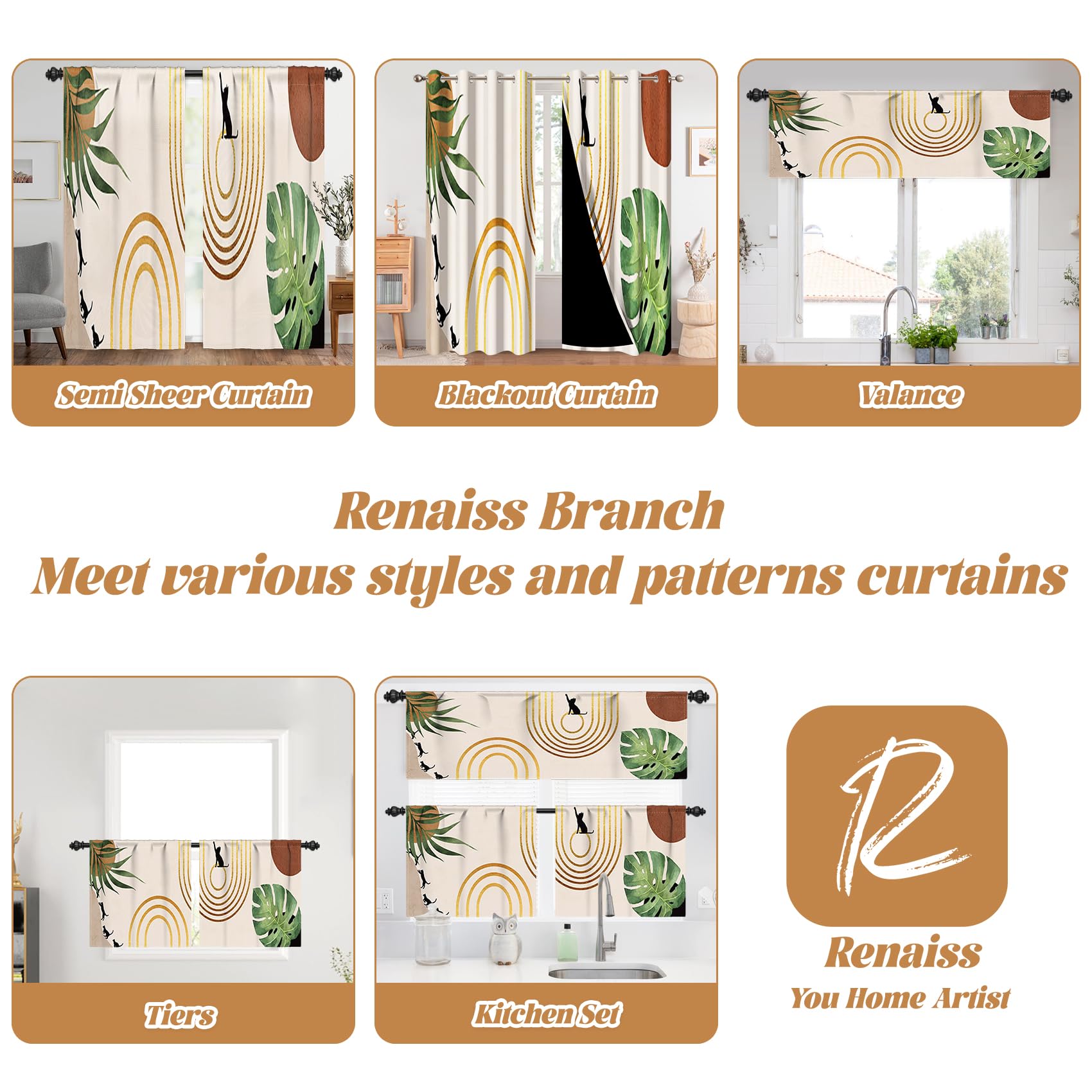 Renaiss 42x18 Inch Mid Century Bohemian Kitchen Curtains Abstract Window Treatment Valances Palm Leaves Black Cat Rod Pocket Short Curtains Modern Minimalist Small Curtains for Bathroom Decor - Image 8