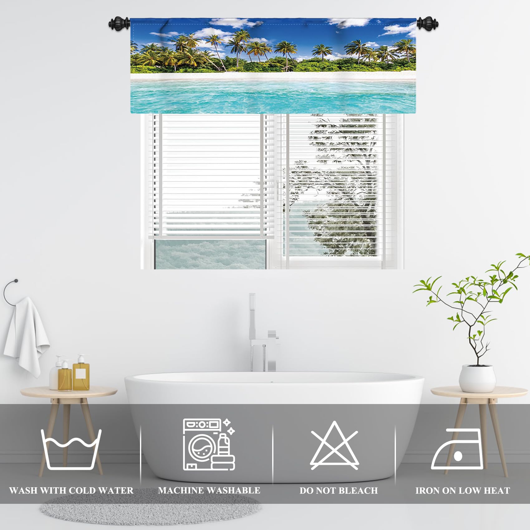Renaiss 42x18 Inch Ocean Beach Bathroom Curtains Window Palm Leaves Tropical Plant Kitchen Cafe RV Window Valance Summer Seaside Short Window Treatment Blue Sky Cloudy Blackout Window Drapes - Image 3