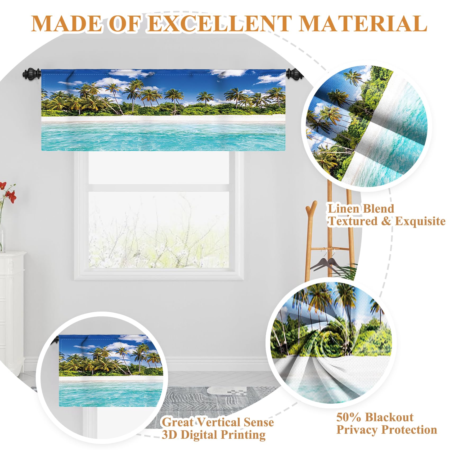 Renaiss 42x18 Inch Ocean Beach Bathroom Curtains Window Palm Leaves Tropical Plant Kitchen Cafe RV Window Valance Summer Seaside Short Window Treatment Blue Sky Cloudy Blackout Window Drapes - Image 4