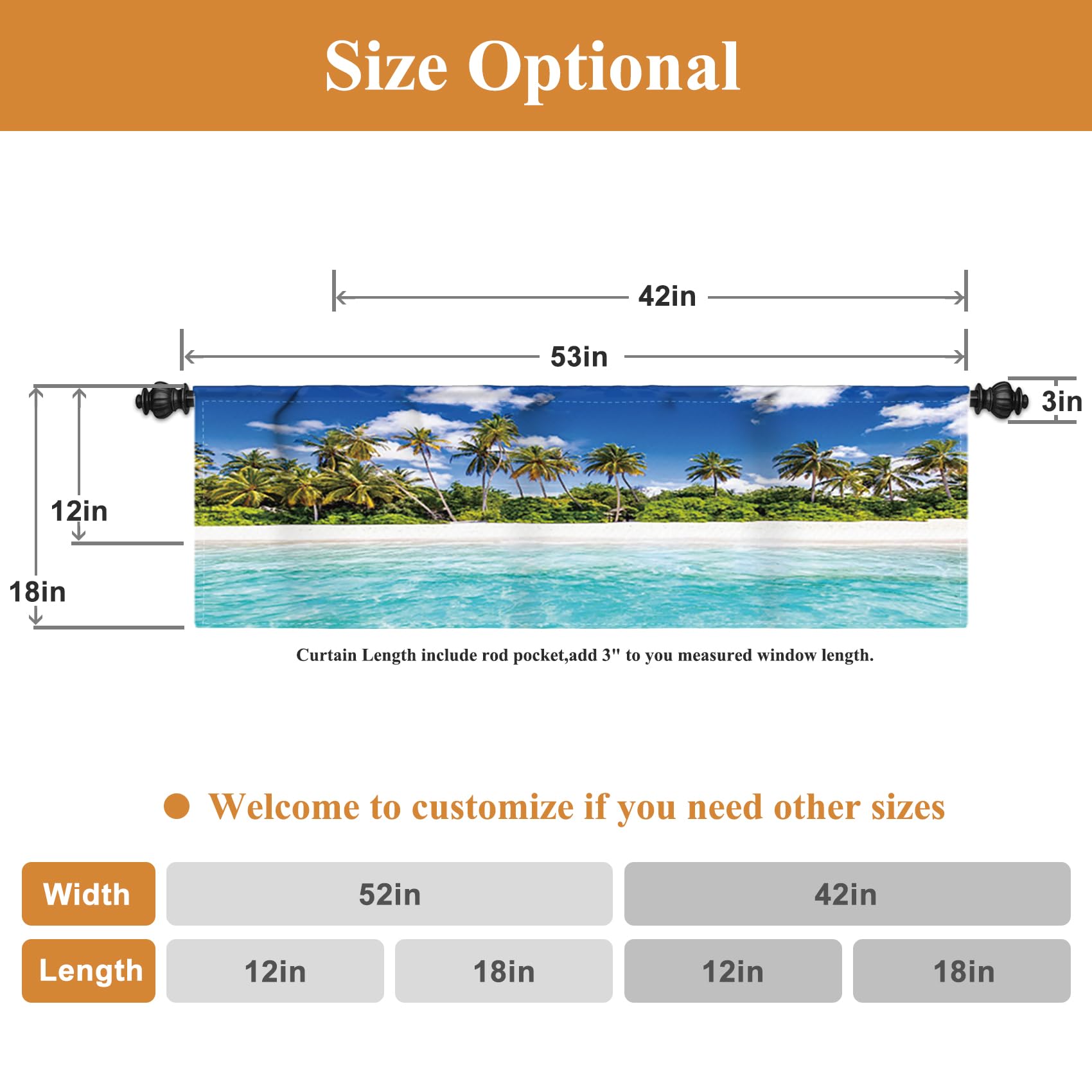 Renaiss 42x18 Inch Ocean Beach Bathroom Curtains Window Palm Leaves Tropical Plant Kitchen Cafe RV Window Valance Summer Seaside Short Window Treatment Blue Sky Cloudy Blackout Window Drapes - Image 6