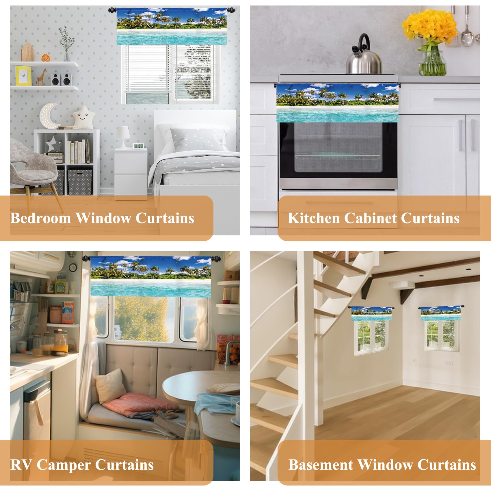 Renaiss 42x18 Inch Ocean Beach Bathroom Curtains Window Palm Leaves Tropical Plant Kitchen Cafe RV Window Valance Summer Seaside Short Window Treatment Blue Sky Cloudy Blackout Window Drapes - Image 7