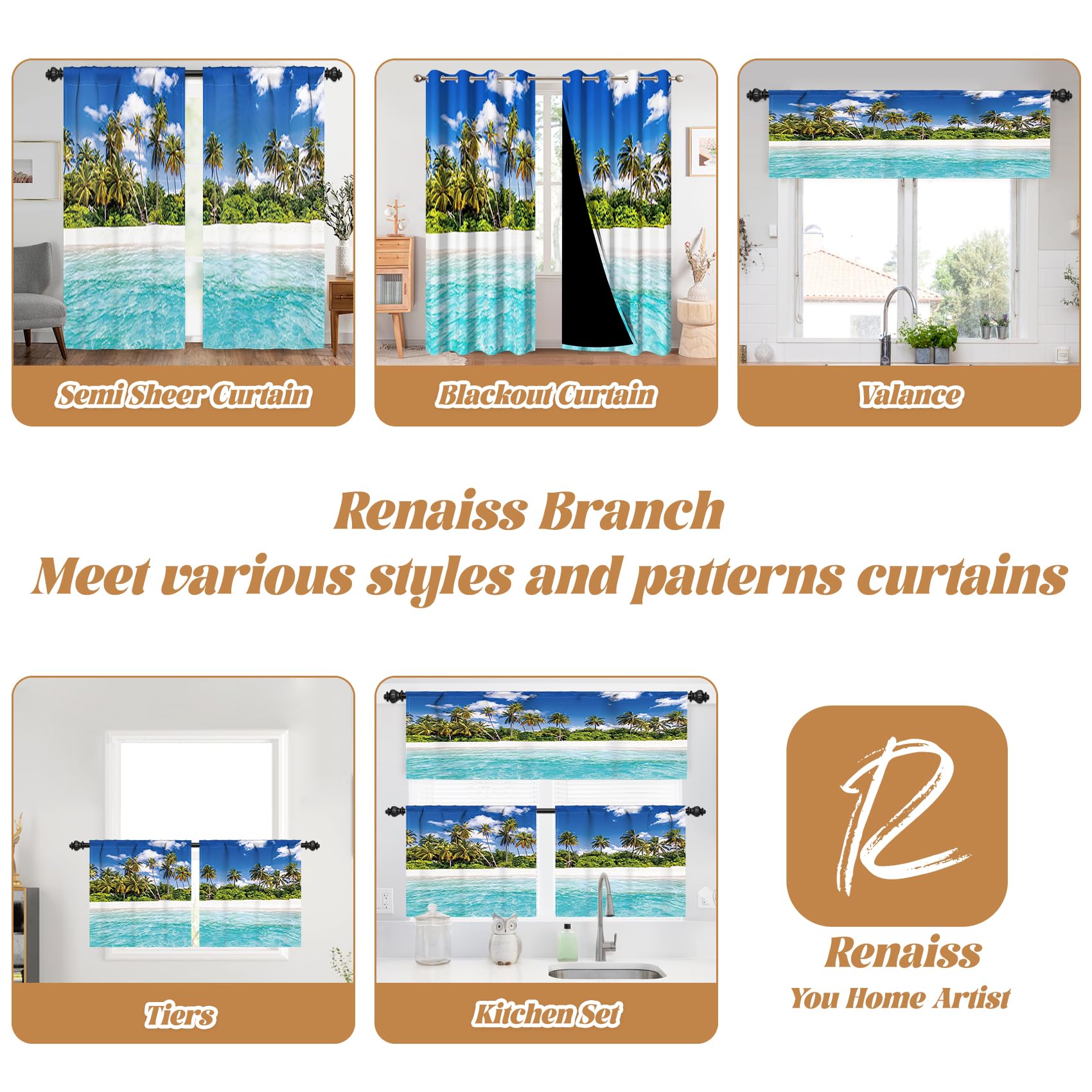 Renaiss 42x18 Inch Ocean Beach Bathroom Curtains Window Palm Leaves Tropical Plant Kitchen Cafe RV Window Valance Summer Seaside Short Window Treatment Blue Sky Cloudy Blackout Window Drapes - Image 8