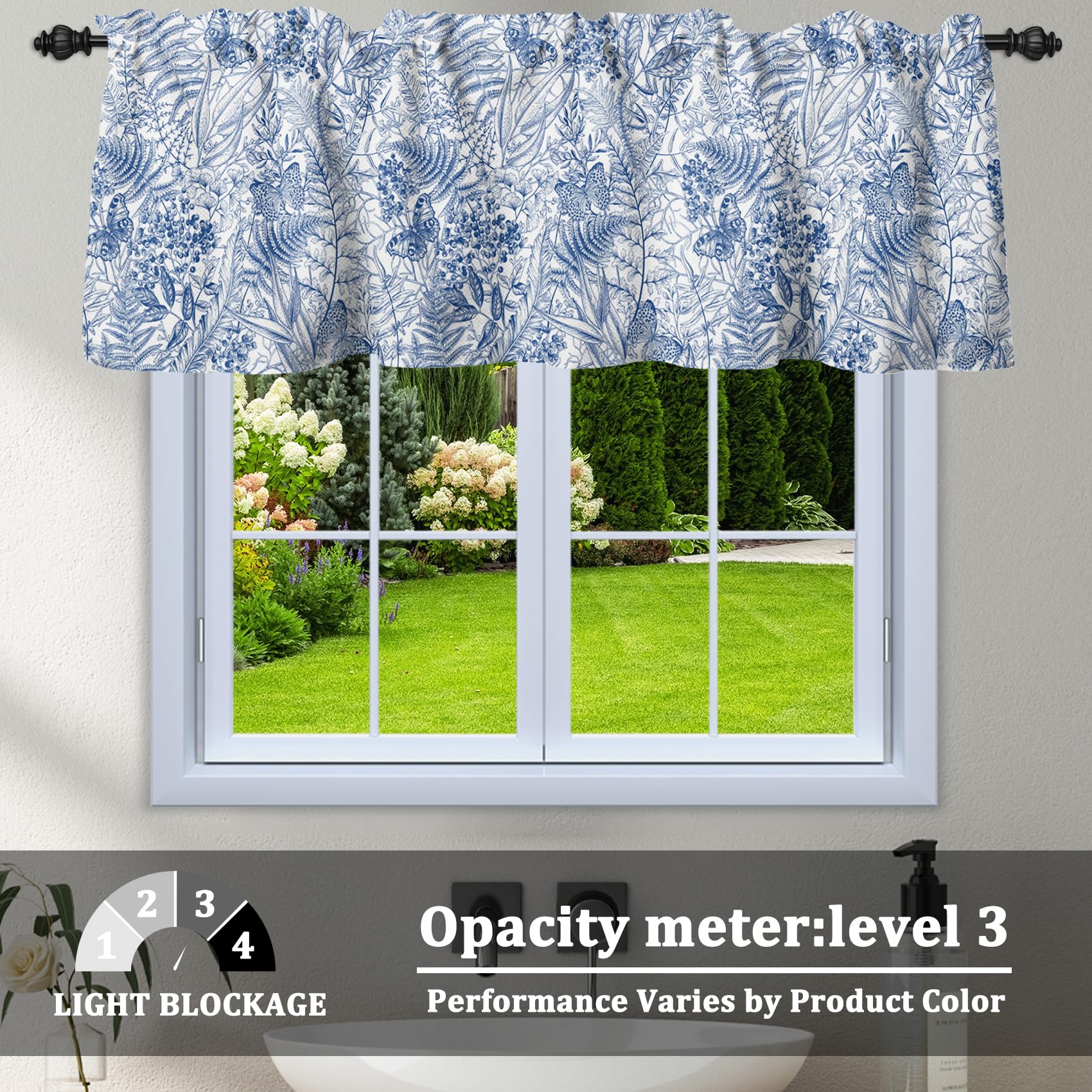 Renaiss 52 x 12 Inch Short Linen Valance Valances Farmhouse Blue Floral Print Curtains for Kitchen Bathroom Living Room Bedroom Privacy Decorative Rod Pocket Short Window Valance Curtain - Image 3