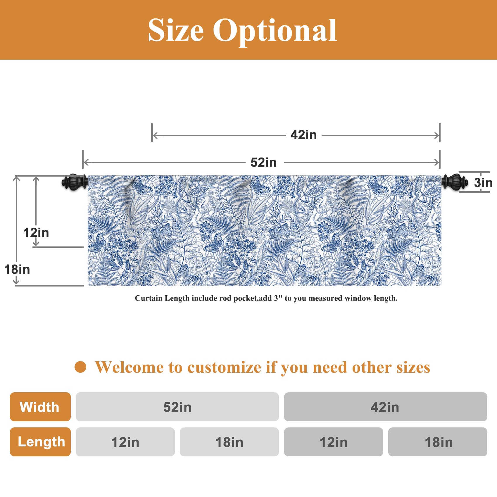 Renaiss 52 x 12 Inch Short Linen Valance Valances Farmhouse Blue Floral Print Curtains for Kitchen Bathroom Living Room Bedroom Privacy Decorative Rod Pocket Short Window Valance Curtain - Image 6