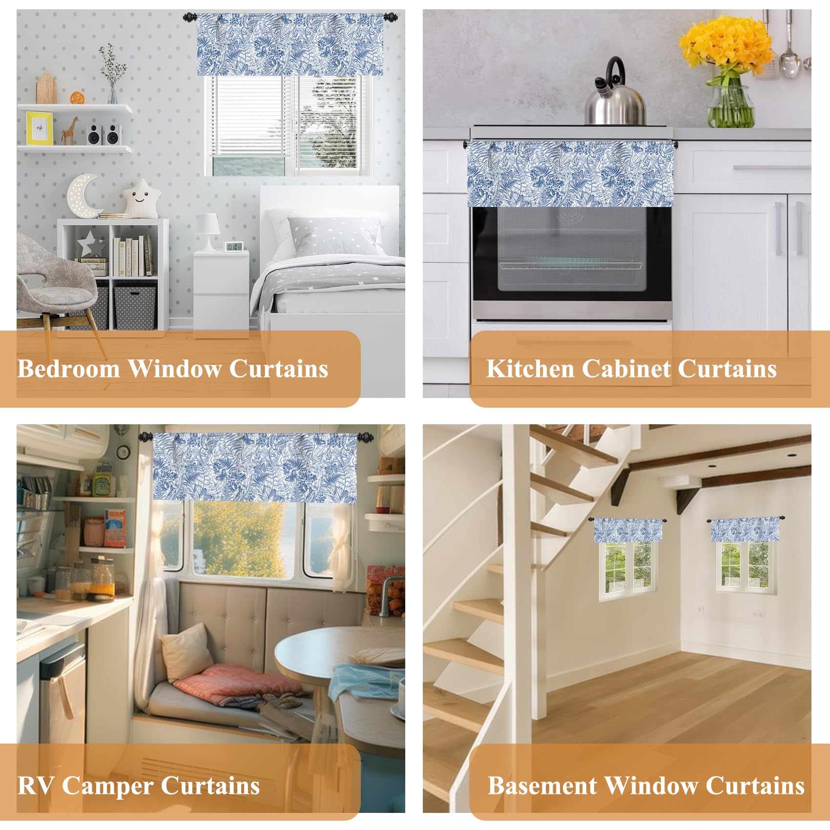 Renaiss 52 x 12 Inch Short Linen Valance Valances Farmhouse Blue Floral Print Curtains for Kitchen Bathroom Living Room Bedroom Privacy Decorative Rod Pocket Short Window Valance Curtain - Image 7