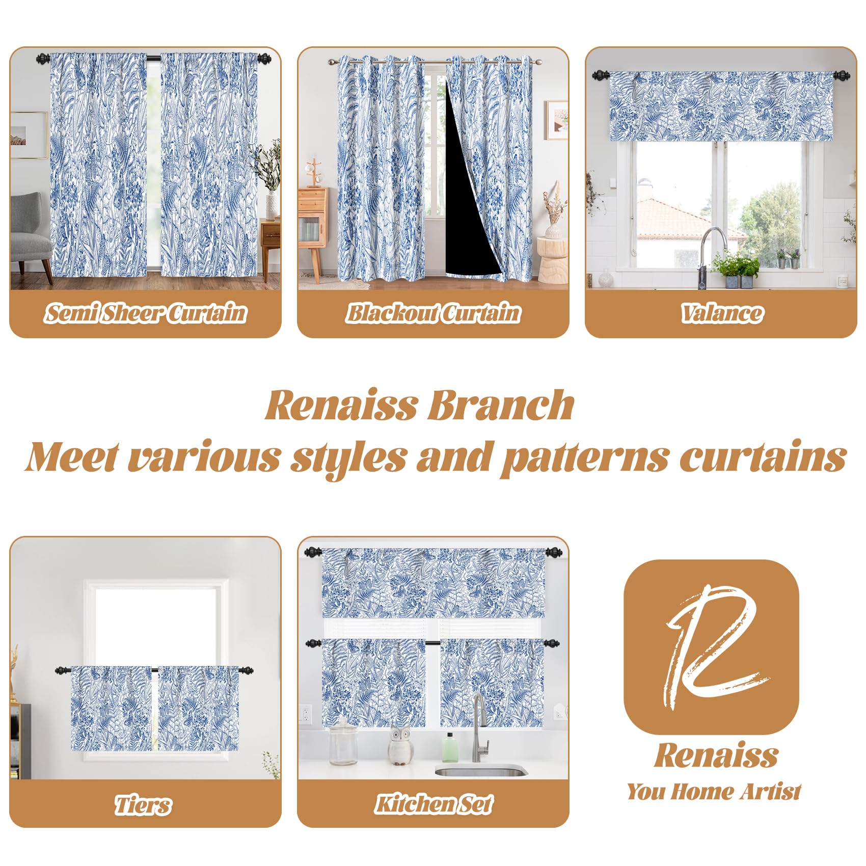 Renaiss 52 x 12 Inch Short Linen Valance Valances Farmhouse Blue Floral Print Curtains for Kitchen Bathroom Living Room Bedroom Privacy Decorative Rod Pocket Short Window Valance Curtain - Image 8