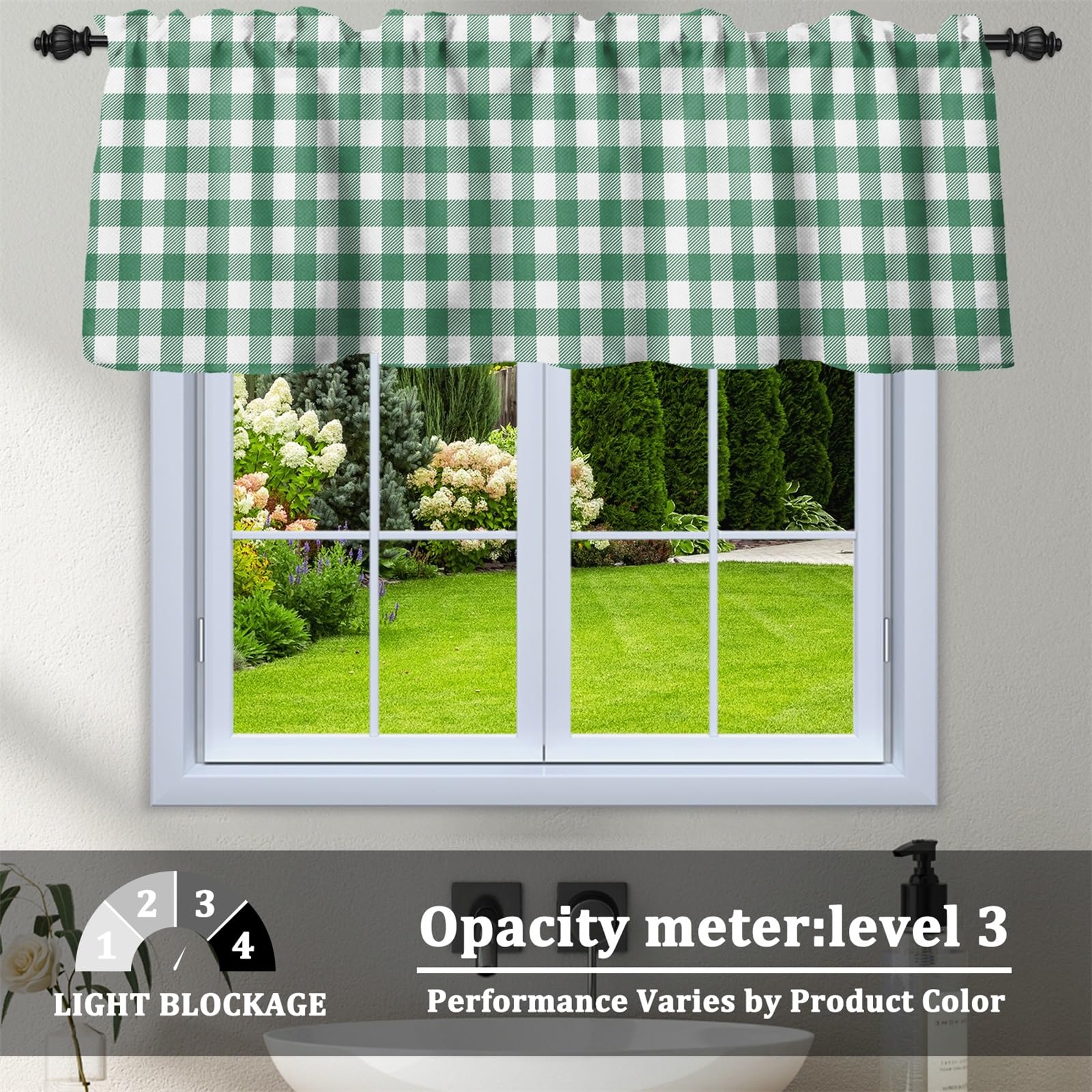Renaiss 52 x 18 Inch Buffalo Plaid Gingham Cafe Window Valance Curtains Farmhouse Check Valances Curtain Kitchen Bathroom Dining Room Light Filter Topper Window Curtains with Hook Belt Green White - Image 3