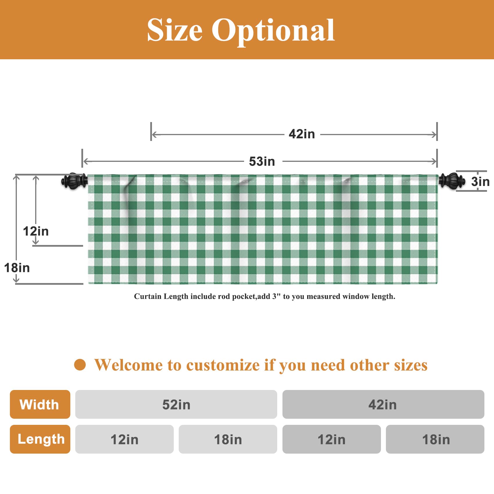 Renaiss 52 x 18 Inch Buffalo Plaid Gingham Cafe Window Valance Curtains Farmhouse Check Valances Curtain Kitchen Bathroom Dining Room Light Filter Topper Window Curtains with Hook Belt Green White - Image 6