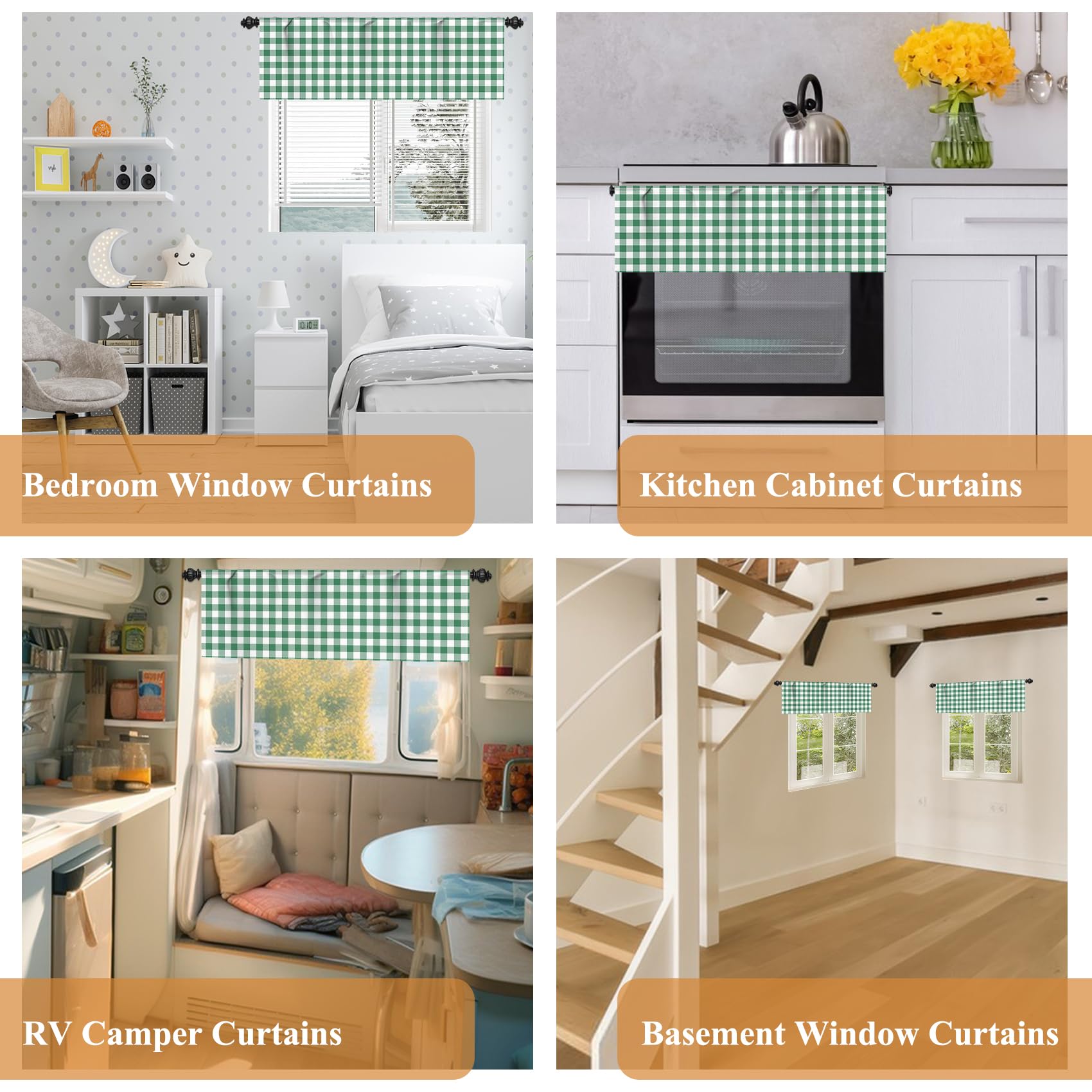 Renaiss 52 x 18 Inch Buffalo Plaid Gingham Cafe Window Valance Curtains Farmhouse Check Valances Curtain Kitchen Bathroom Dining Room Light Filter Topper Window Curtains with Hook Belt Green White - Image 7