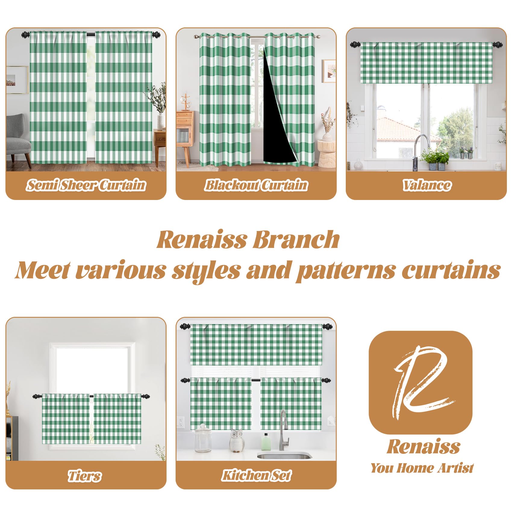 Renaiss 52 x 18 Inch Buffalo Plaid Gingham Cafe Window Valance Curtains Farmhouse Check Valances Curtain Kitchen Bathroom Dining Room Light Filter Topper Window Curtains with Hook Belt Green White - Image 8