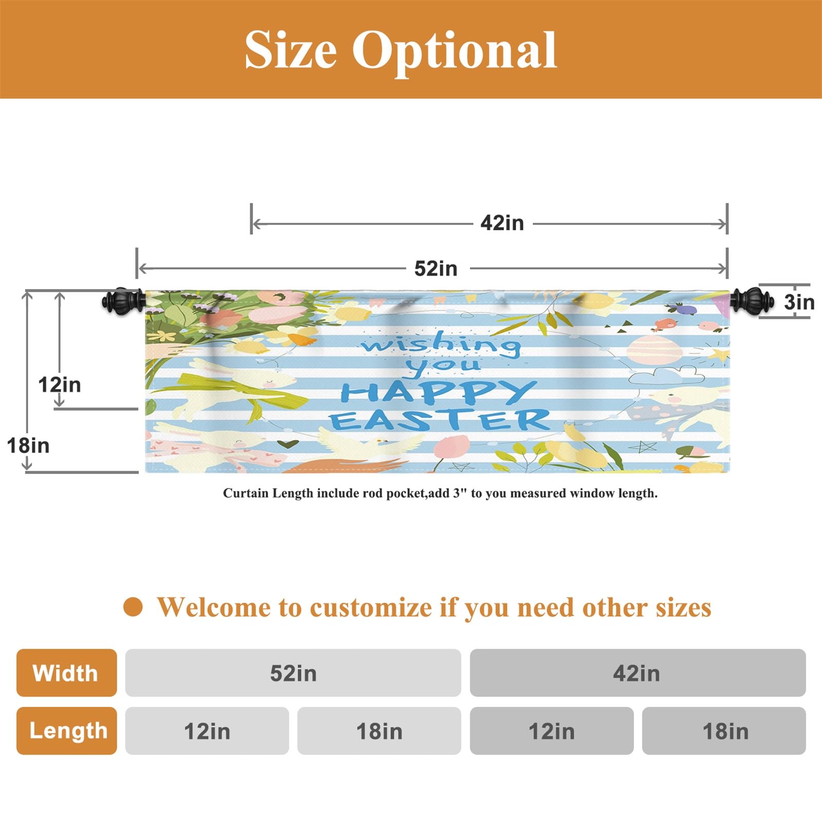 Renaiss 52 x 18 Inch Easter Kitchen Valance for Windows Spring Floral Easter Bunny Egg Cafe Short Curtain Blue Stripes Valance with Rod Pocket for Bathroom Window Drapes Kitchen Decor - Image 6