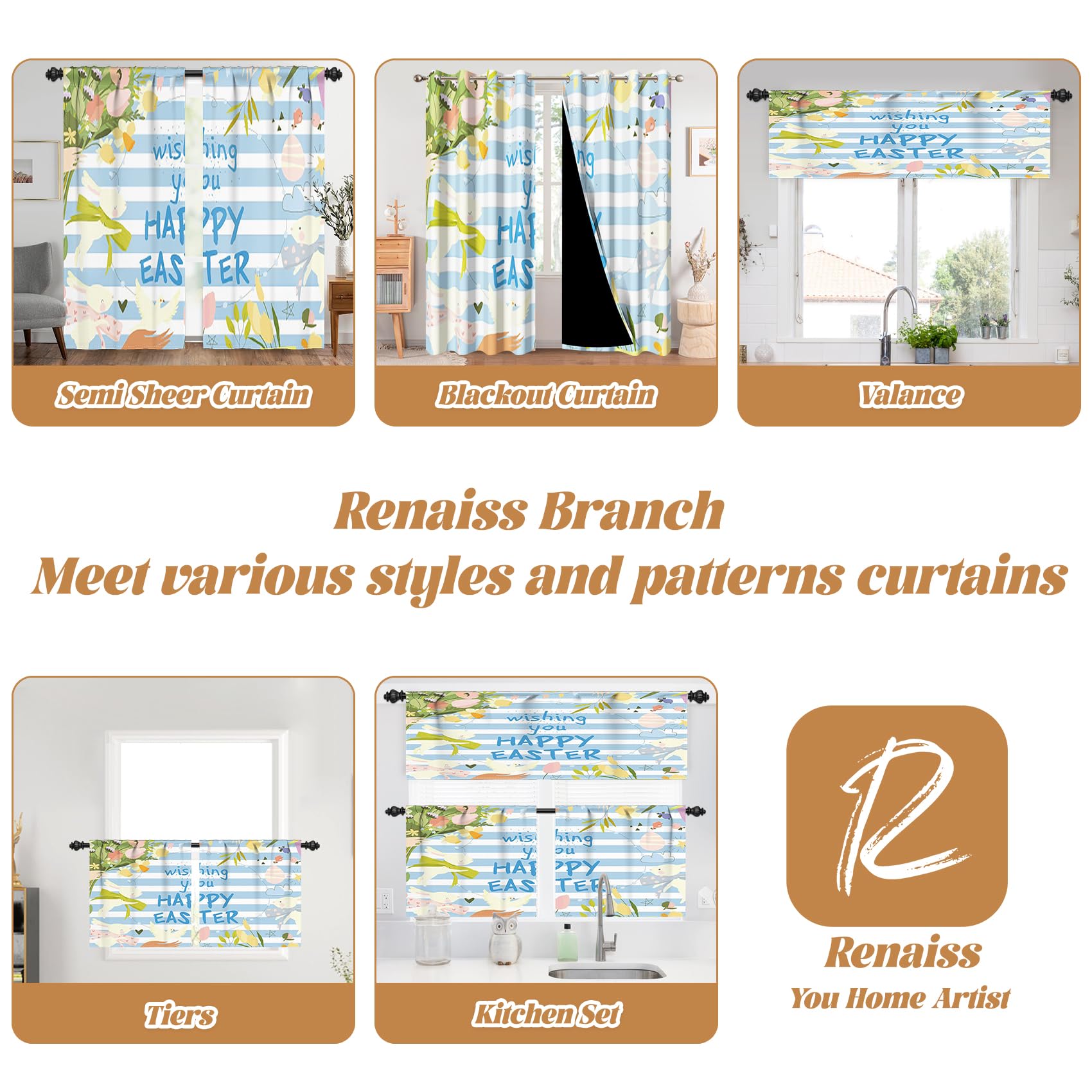 Renaiss 52 x 18 Inch Easter Kitchen Valance for Windows Spring Floral Easter Bunny Egg Cafe Short Curtain Blue Stripes Valance with Rod Pocket for Bathroom Window Drapes Kitchen Decor - Image 8