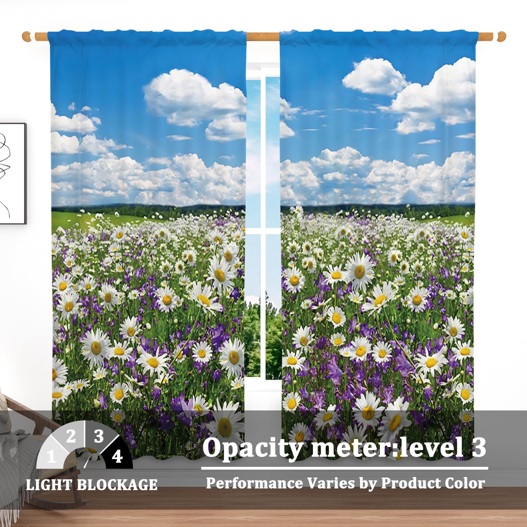 Renaiss 53 x 84 Inch Daisy Field Kitchen Curtains Short Linen Cafe Bathroom Curtains Flower Bule Sky White Cloudy Farmhouse Short Curtains for Small Window Rustic Curtains with Rod Pocket 2 Panels - Image 3