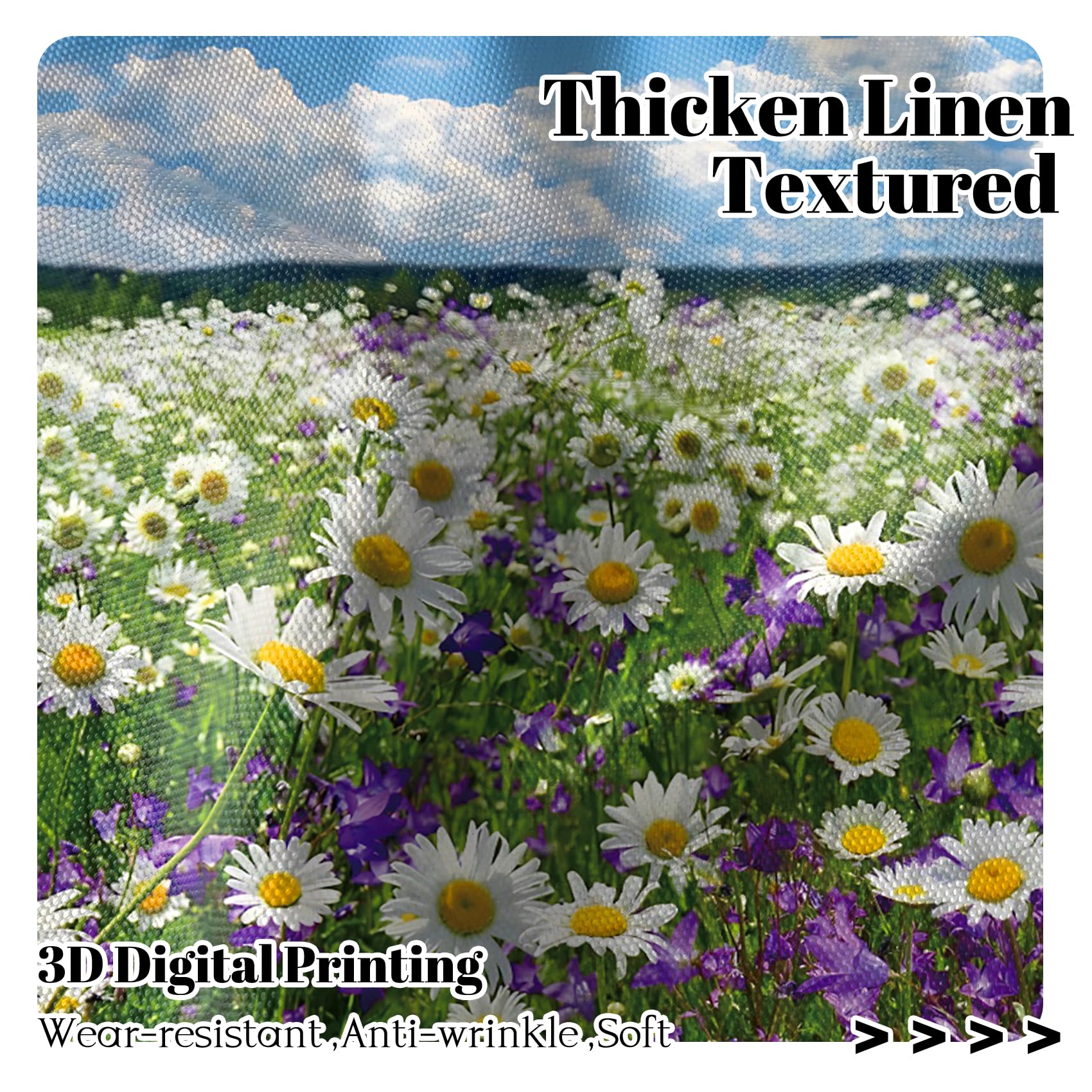 Renaiss 53 x 84 Inch Daisy Field Kitchen Curtains Short Linen Cafe Bathroom Curtains Flower Bule Sky White Cloudy Farmhouse Short Curtains for Small Window Rustic Curtains with Rod Pocket 2 Panels - Image 4