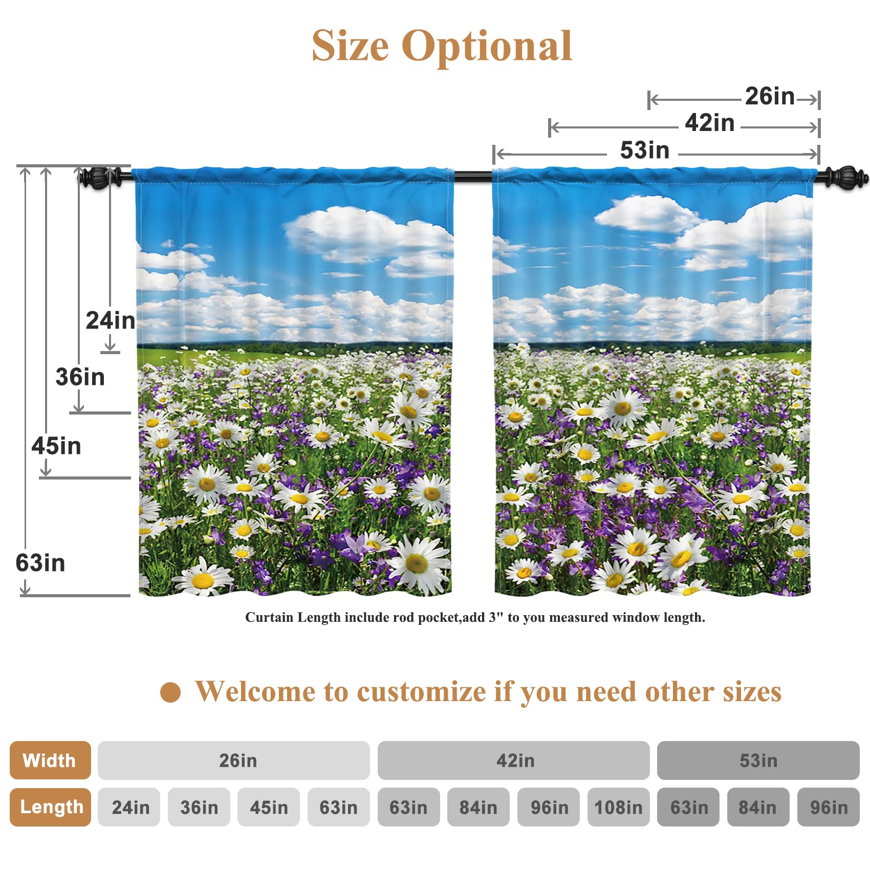 Renaiss 53 x 84 Inch Daisy Field Kitchen Curtains Short Linen Cafe Bathroom Curtains Flower Bule Sky White Cloudy Farmhouse Short Curtains for Small Window Rustic Curtains with Rod Pocket 2 Panels - Image 6