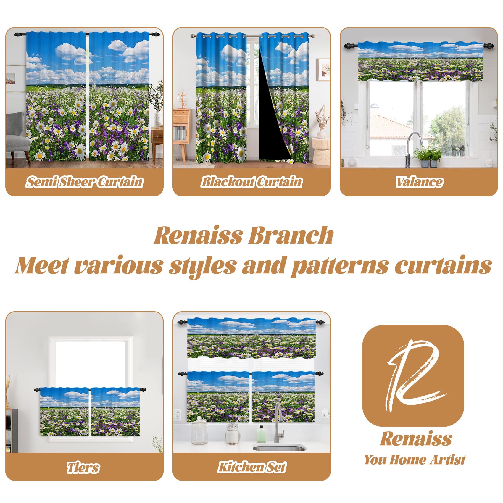 Renaiss 53 x 84 Inch Daisy Field Kitchen Curtains Short Linen Cafe Bathroom Curtains Flower Bule Sky White Cloudy Farmhouse Short Curtains for Small Window Rustic Curtains with Rod Pocket 2 Panels - Image 7