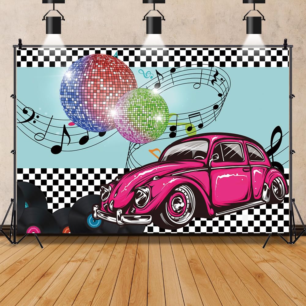 Renaiss 5x3ft 1950s Sock Hop Backdrop Dis-co Ball Vintage Car Vinyls Back to 50's Photography Background Retro Dinner Time Party Banner Rock and Roll Cosplay Prom Classic Decor Photo Booth Props - Image 3
