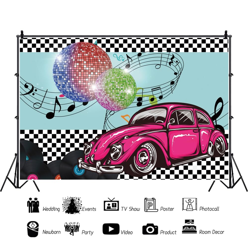 Renaiss 5x3ft 1950s Sock Hop Backdrop Dis-co Ball Vintage Car Vinyls Back to 50's Photography Background Retro Dinner Time Party Banner Rock and Roll Cosplay Prom Classic Decor Photo Booth Props - Image 4