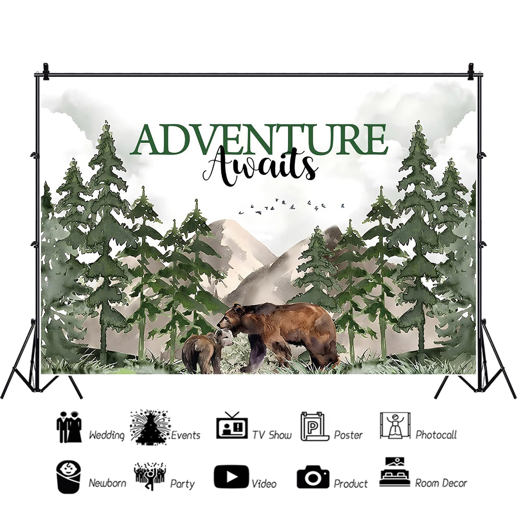 Renaiss 5x3ft Adventure Awaits Baby Shower Backdrop Mountain Wilderness Woodland Baby Shower Photography Background Trees Bear Let The Adventure Begin Birthday Party Decor Photo Studio Booth Props - Image 3